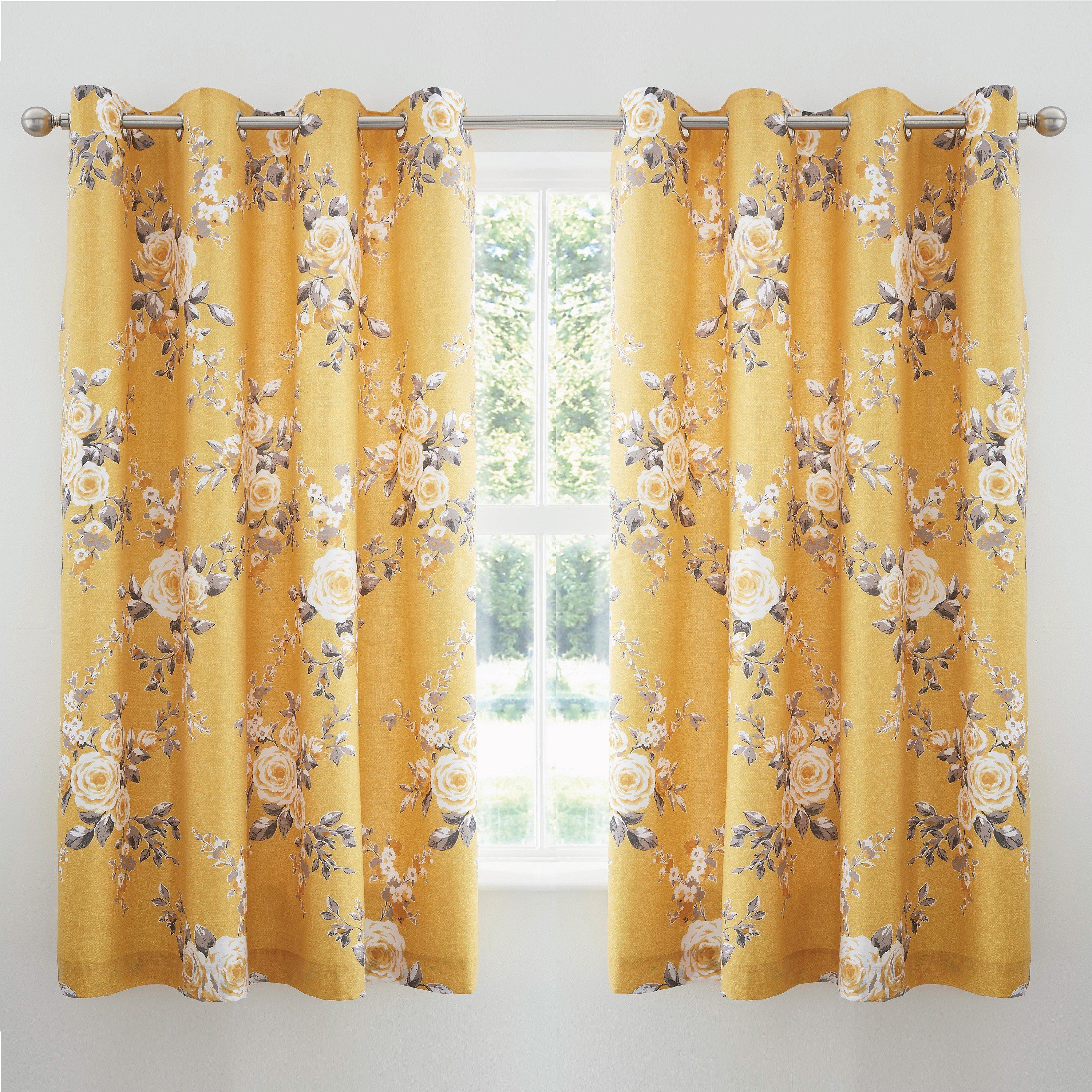 Ochre - Catherine Lansfield - Canterbury Floral Lined Curtains - 2