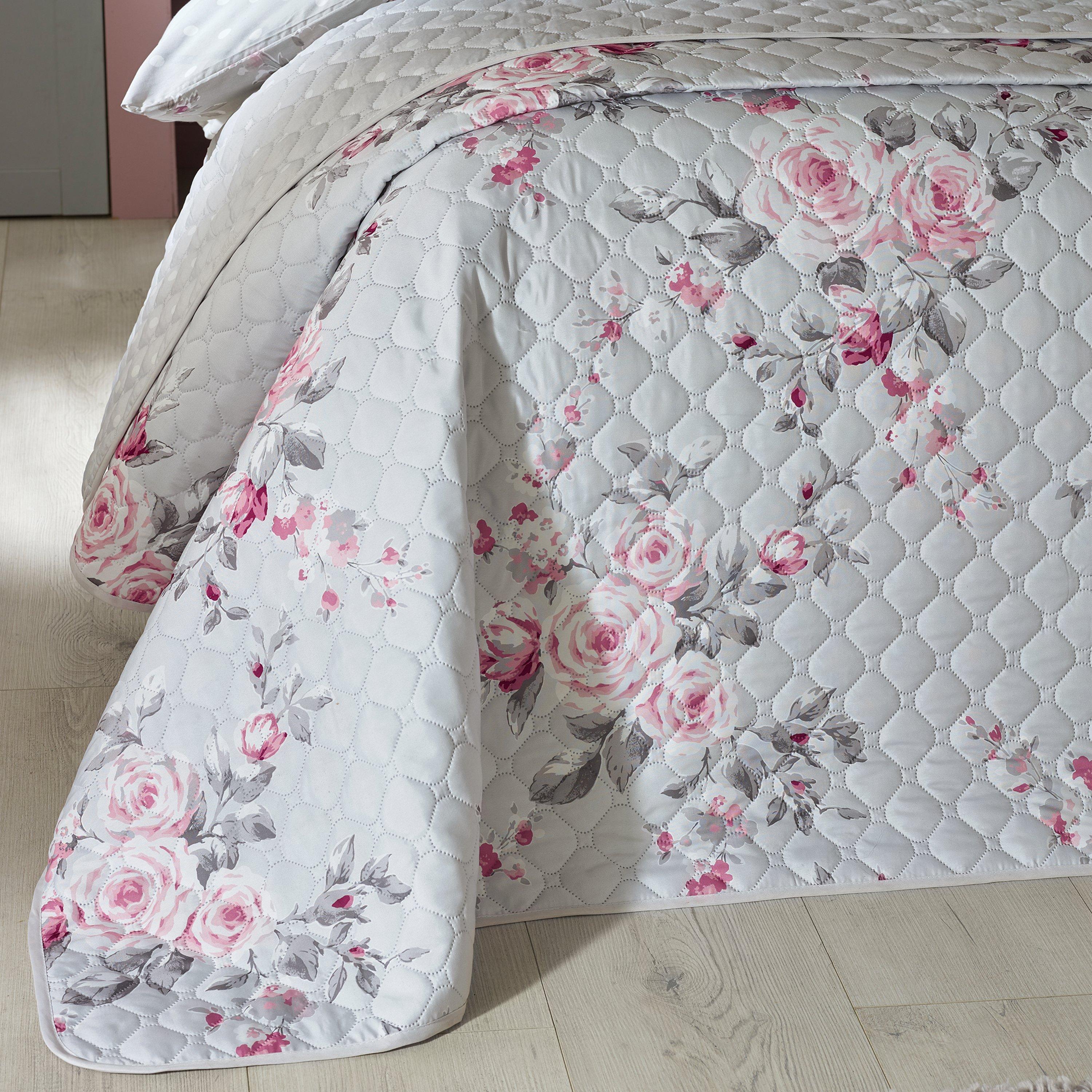 Grey - Catherine Lansfield - Canterbury Floral Reversible Quilted Bedspread - 1