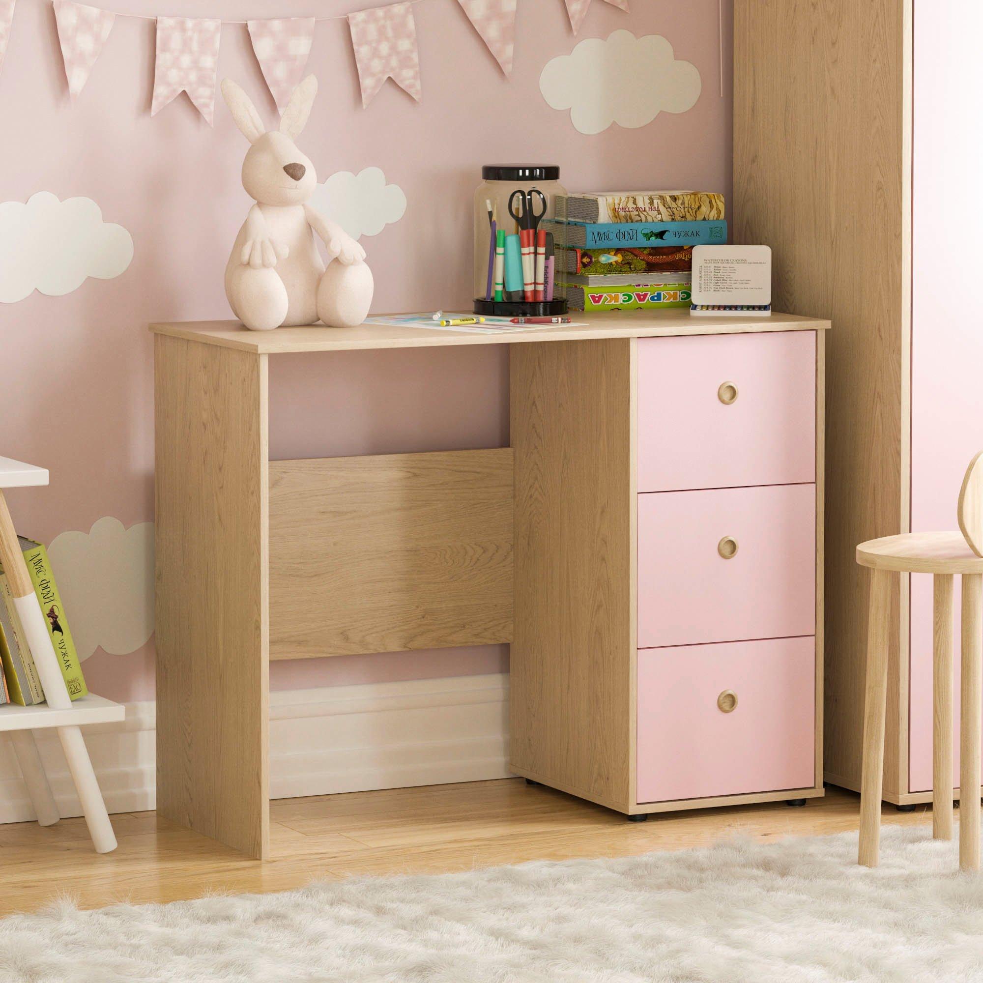 Lassic  Junior Vida Neptune 3 Drawer Desk - Pink & Oak - 3 Drawer