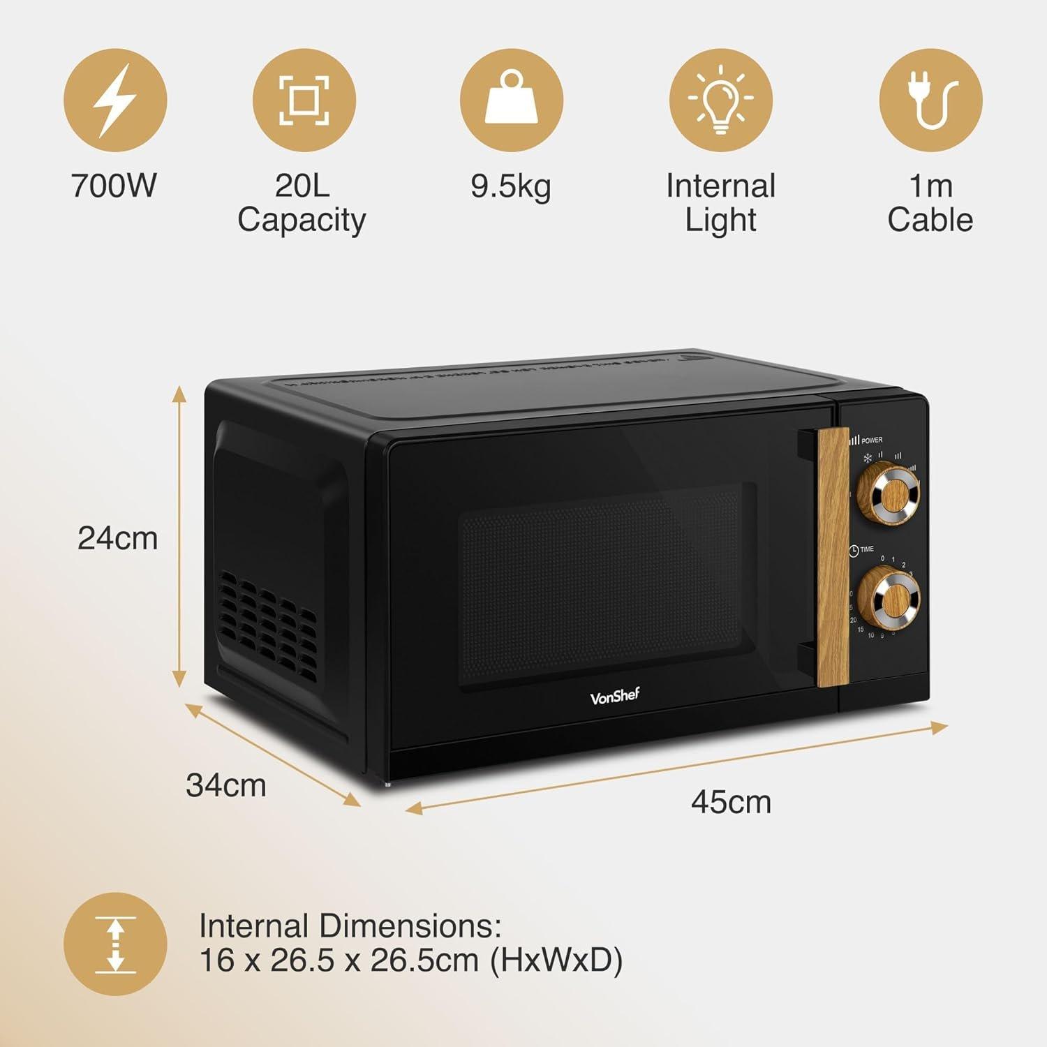 Black - VonShef - VonShef Microwave 20L 700W Compact Solo Microwave - 6