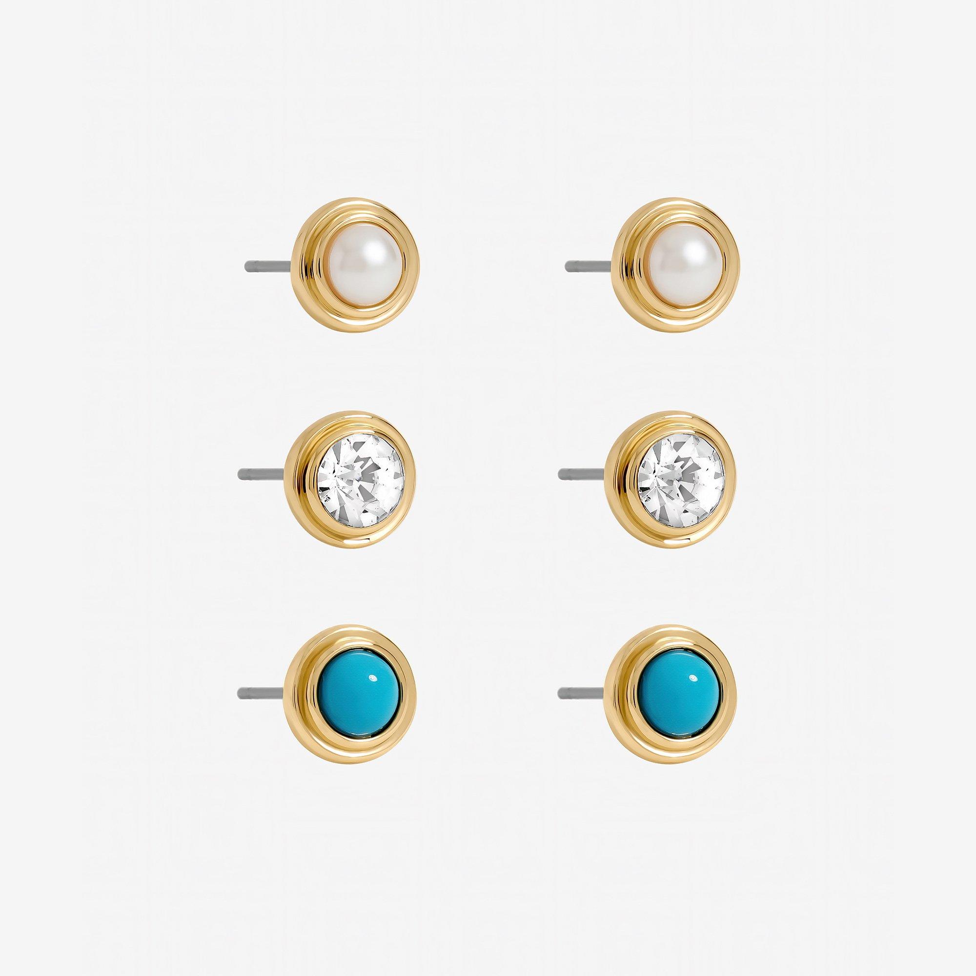 Gold - Mood - Gold Plated Turquoise and Pearl Studs - Pack of 3