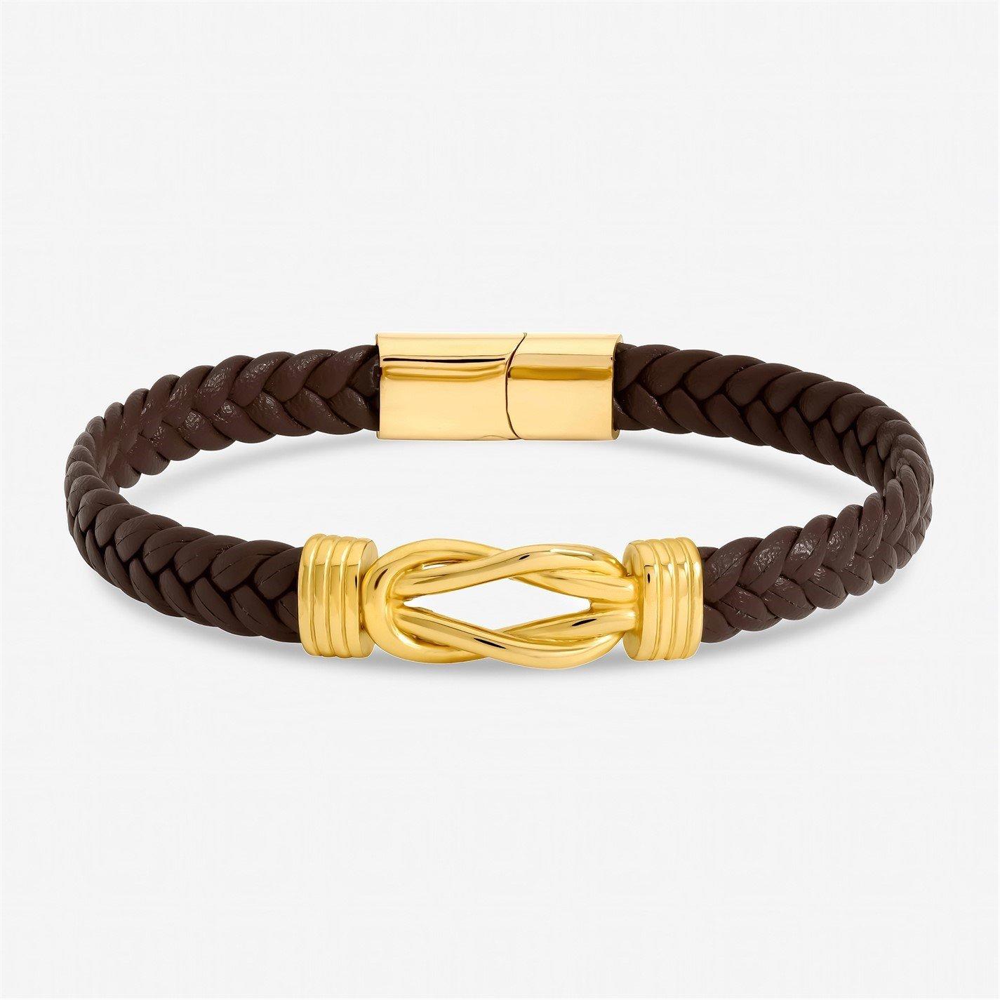 Silver - Inicio - Mens Brown Plaited Bracelet - Gift Pouch - 1