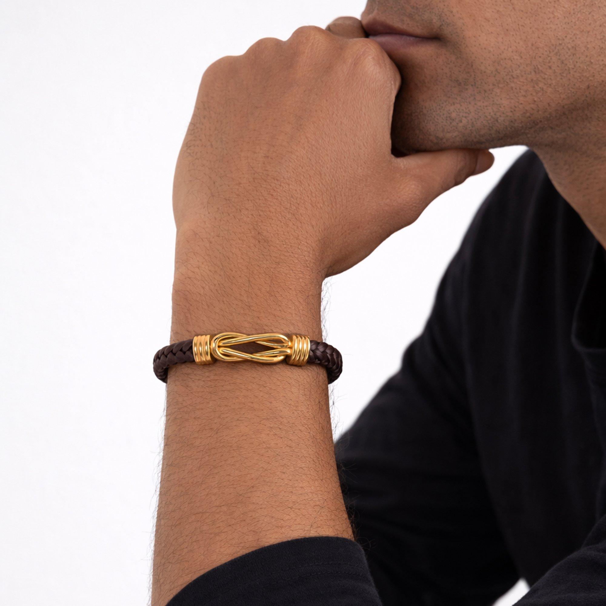 Silver - Inicio - Mens Brown Plaited Bracelet - Gift Pouch - 2