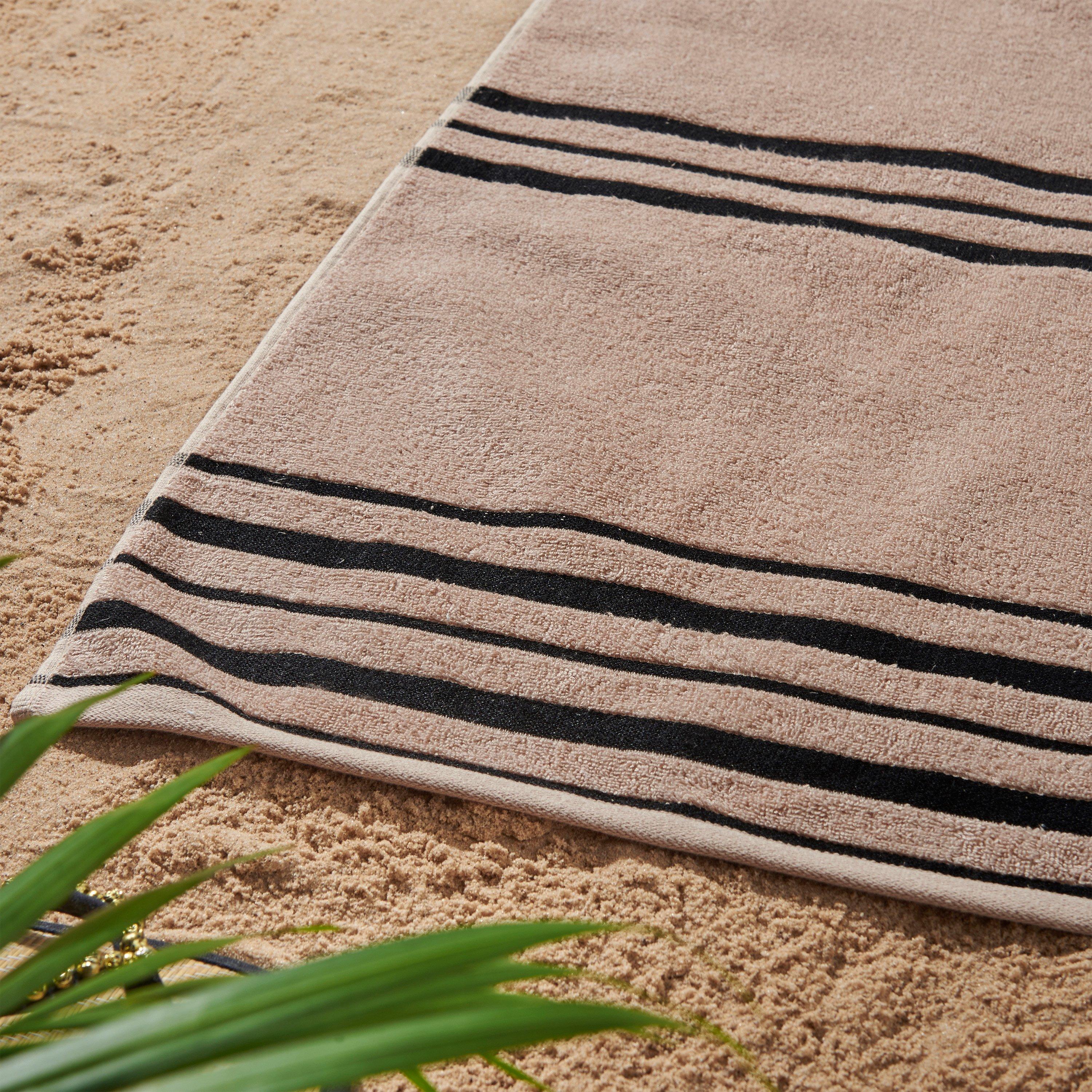 Cream / Natural - Catherine Lansfield - Banded Stripe Cotton Beach Towel Pair - 2
