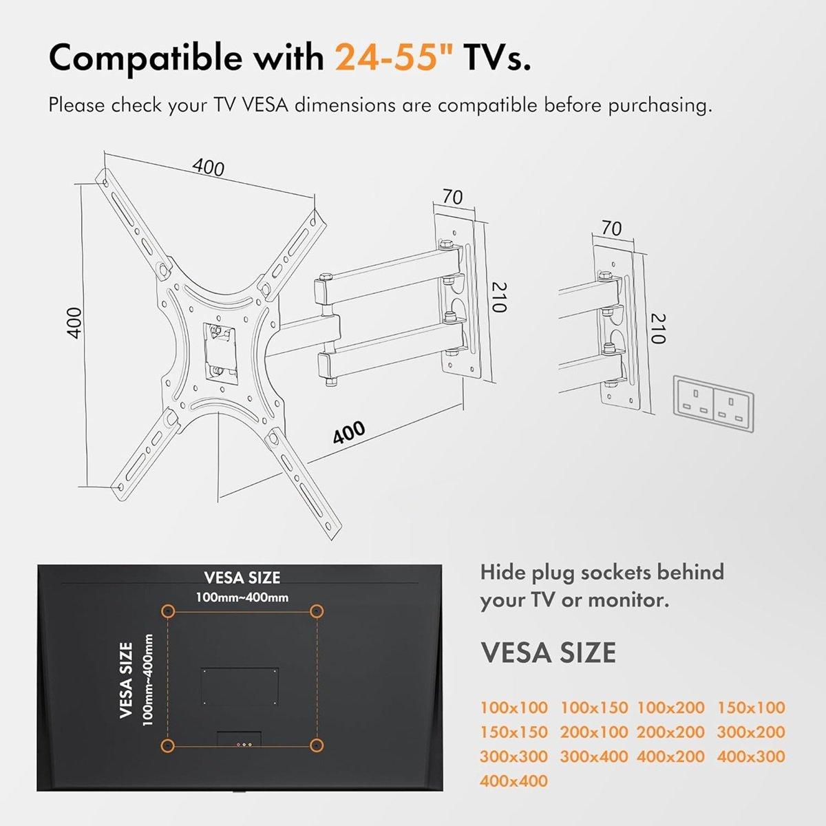 Black - VonHaus - 24-55 Inch Full Motion Tilt & Swivel TV Bracket - 4