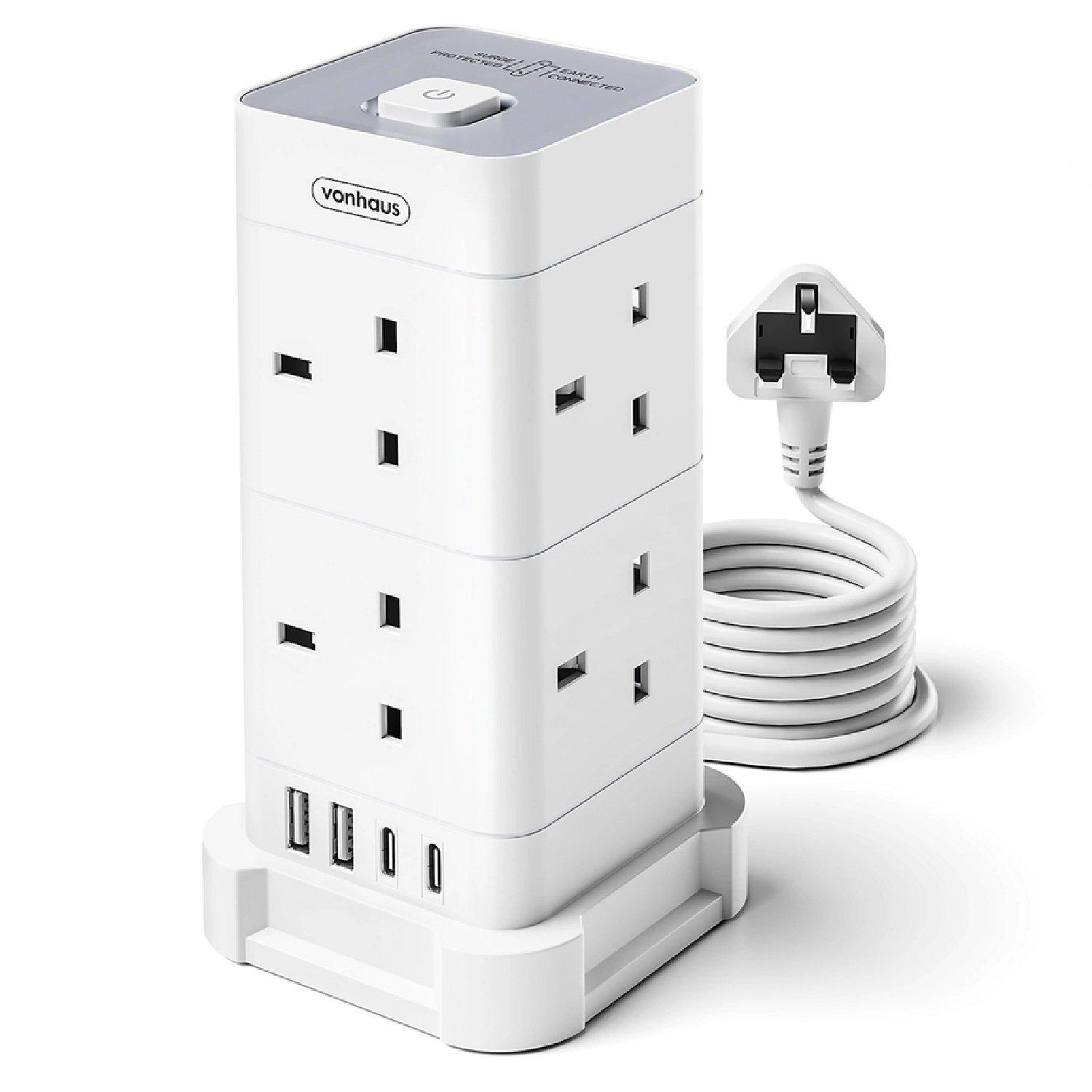 White - VonHaus - Tower Extension Lead with USB Power Surge Protect - 1