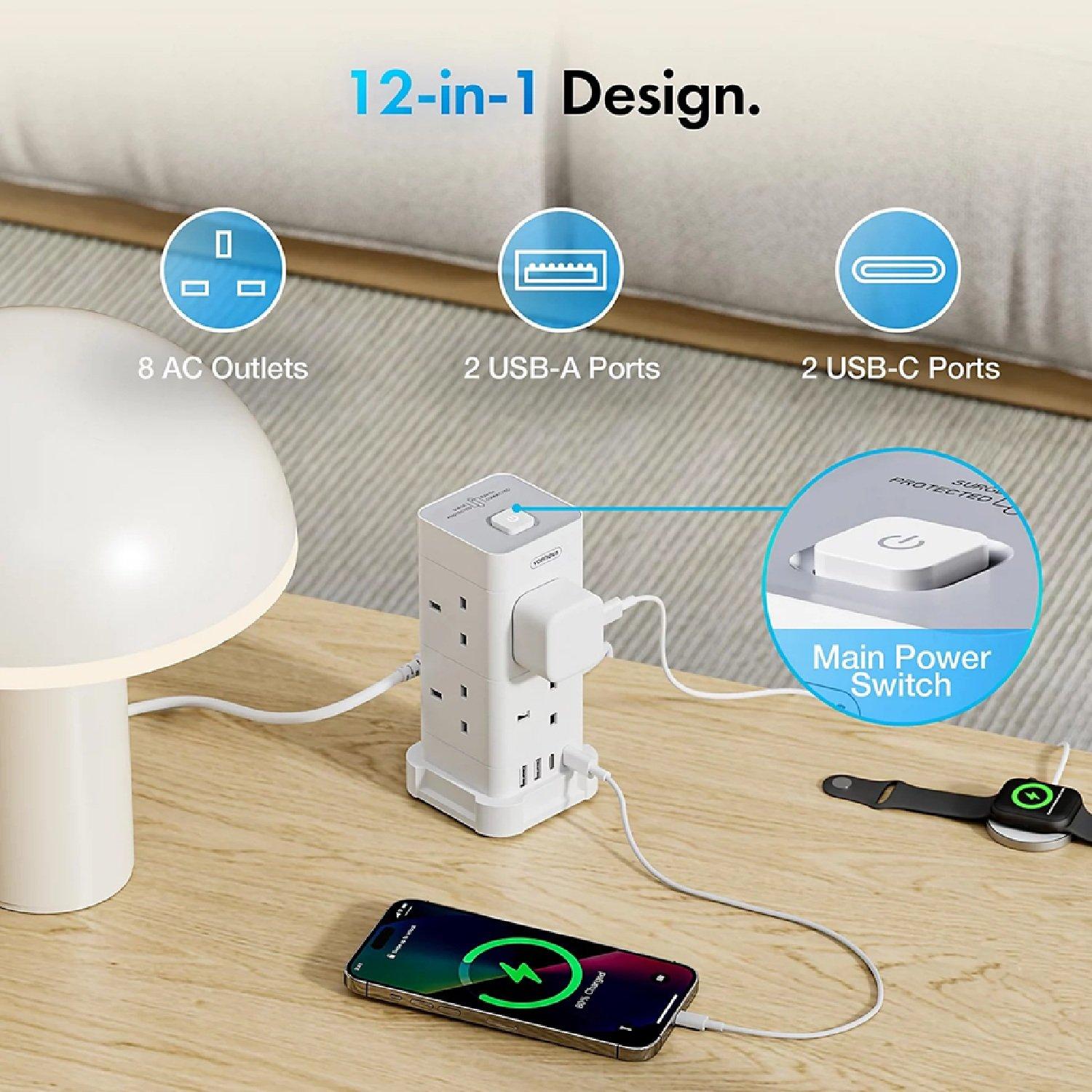 White - VonHaus - Tower Extension Lead with USB Power Surge Protect - 2