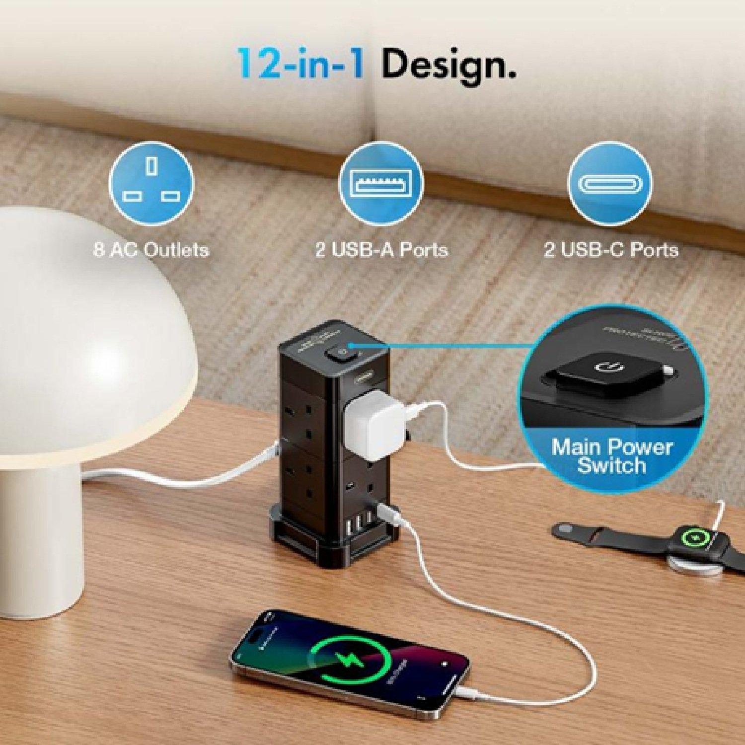 Black - VonHaus - Tower Extension Lead with USB Power Surge Protect - 2