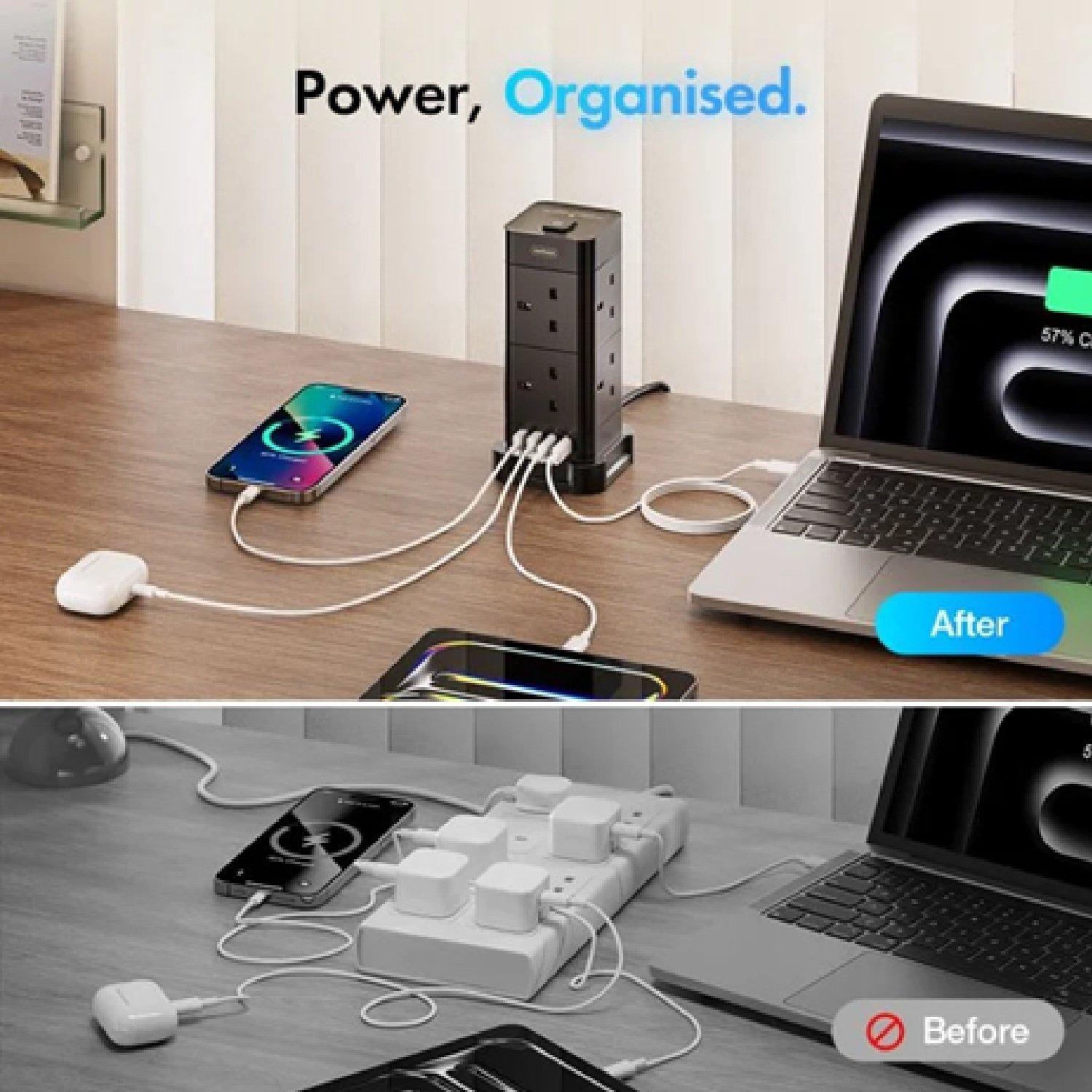 Black - VonHaus - Tower Extension Lead with USB Power Surge Protect - 3