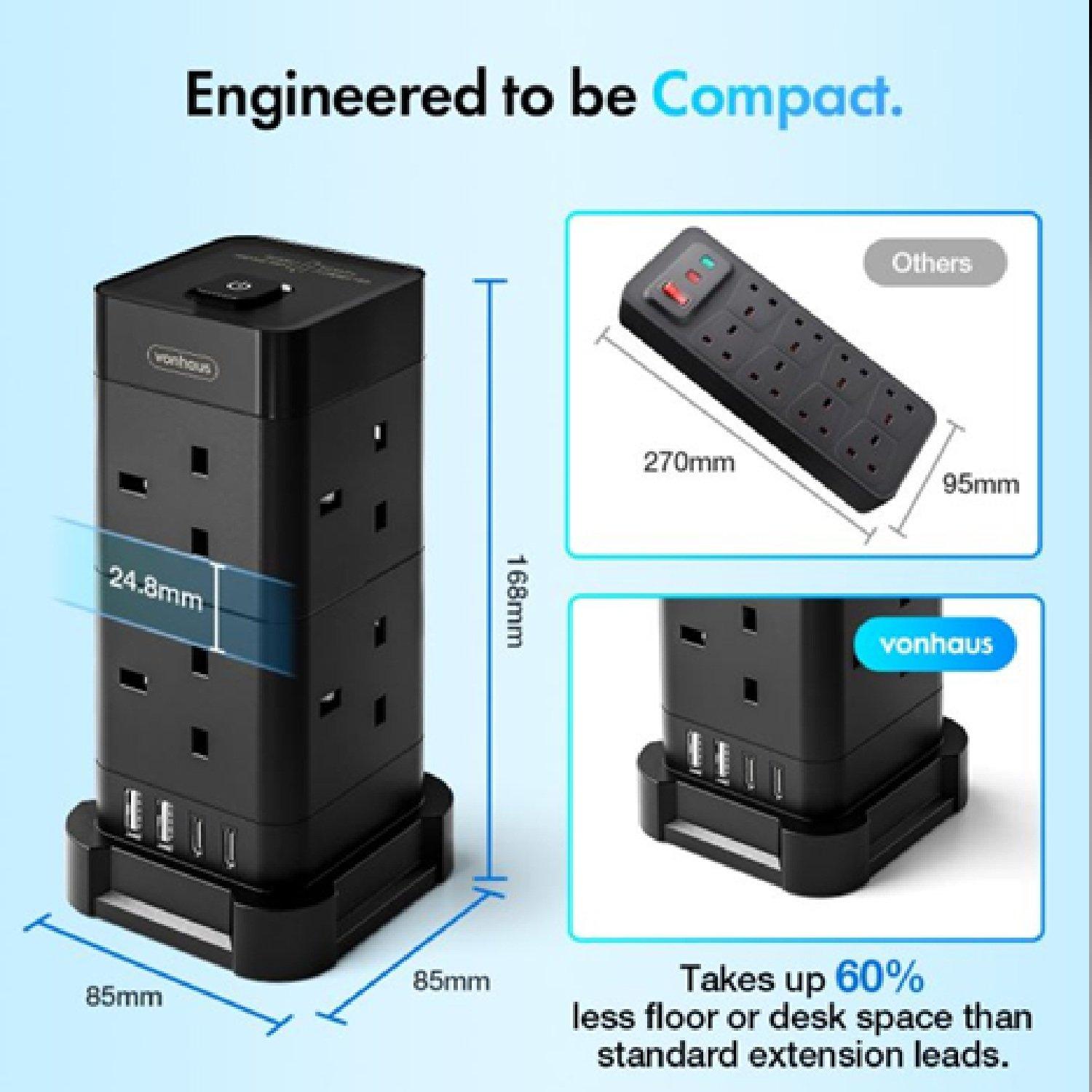Black - VonHaus - Tower Extension Lead with USB Power Surge Protect - 8
