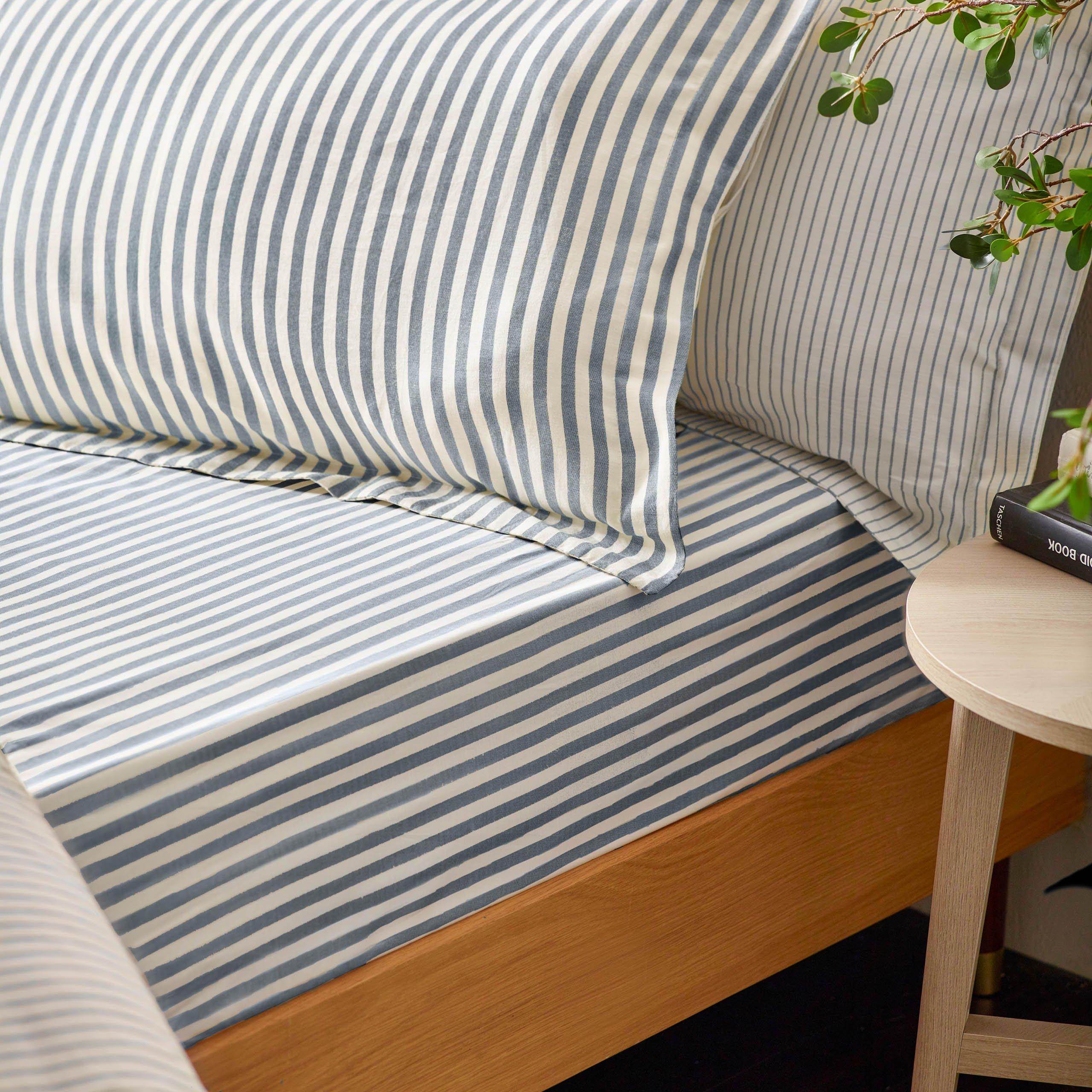 Navy - Yard - Hebden Melange Stripe Cotton Fitted Sheet - 2