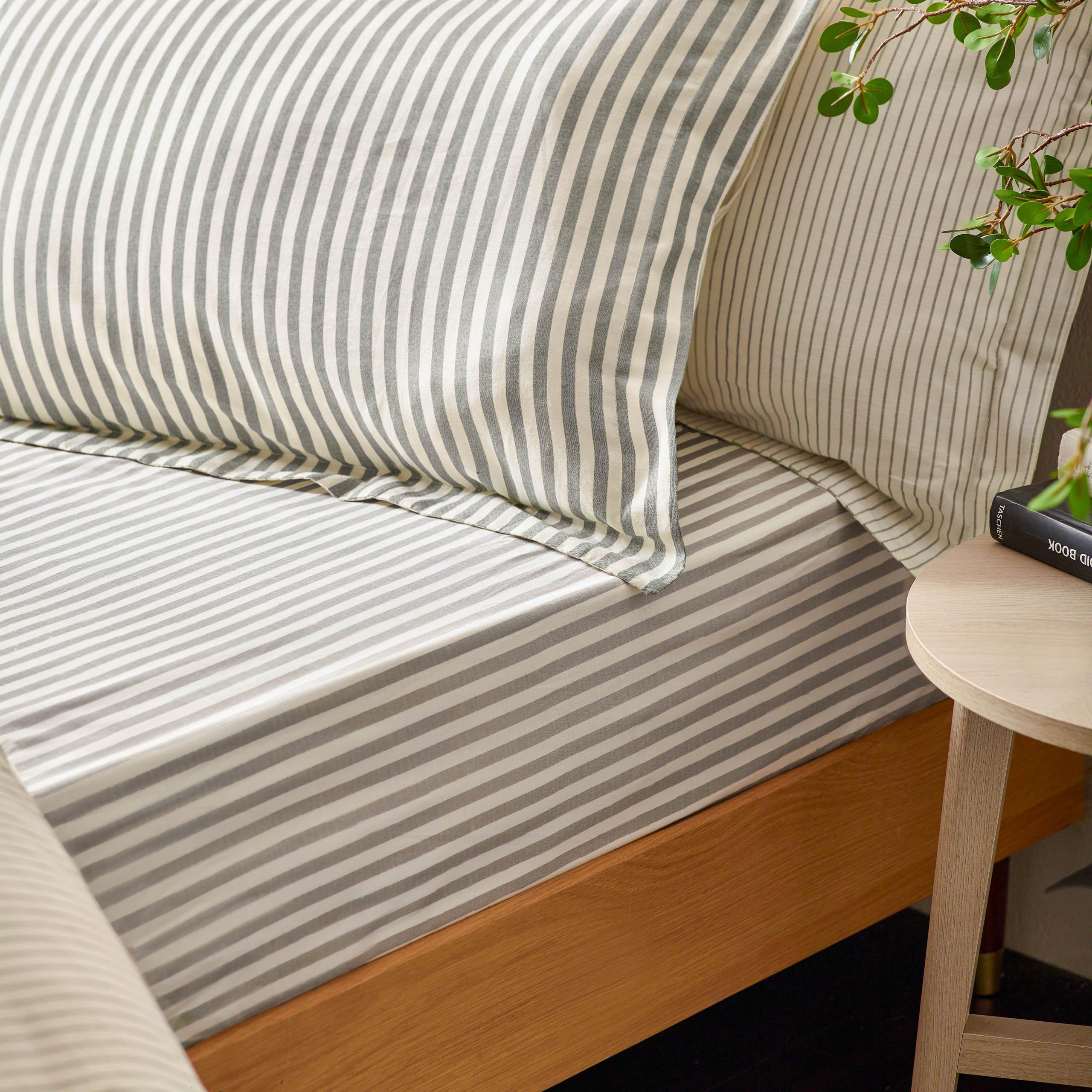 Grey - Yard - Hebden Melange Stripe Cotton Fitted Sheet - 1
