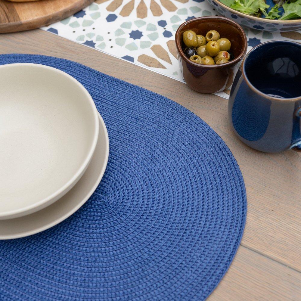 Blue - D C Fix - Wipe Clean Oval Weave Placemats Deep Blue - 1