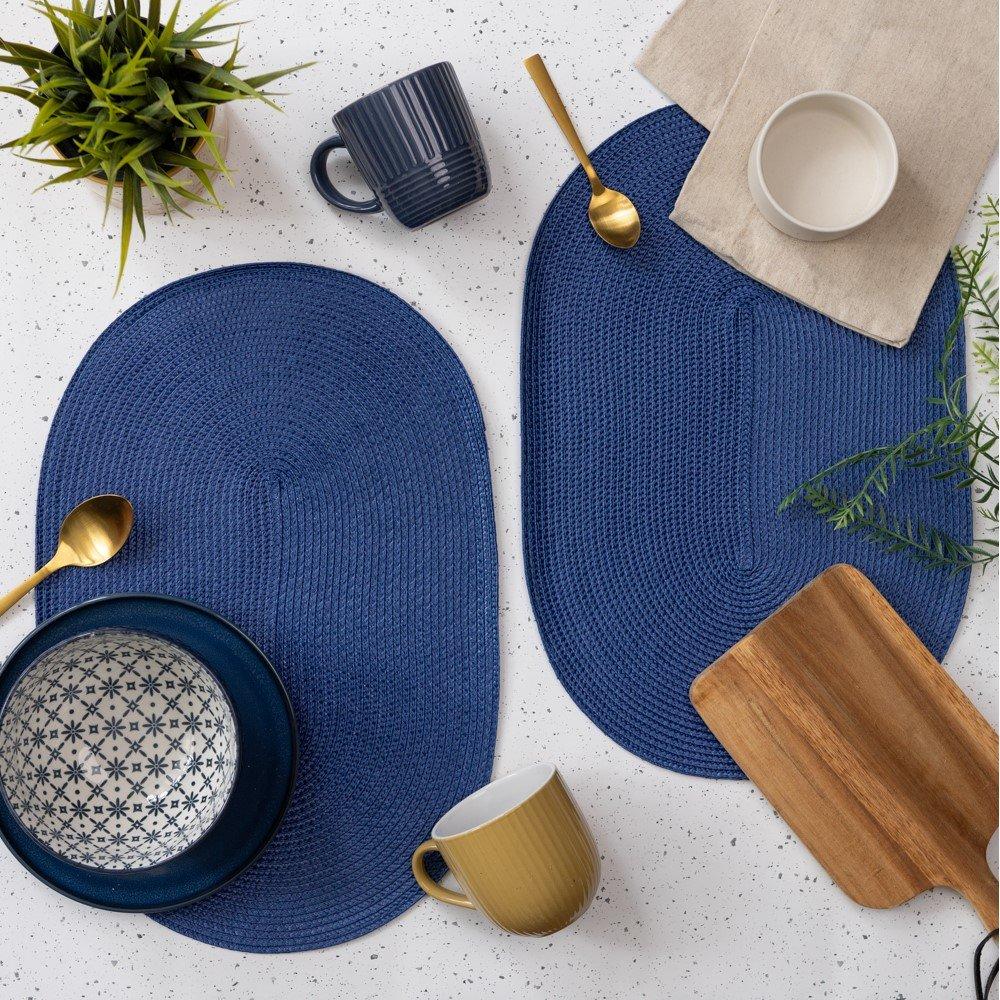 Blue - D C Fix - Wipe Clean Oval Weave Placemats Deep Blue - 5