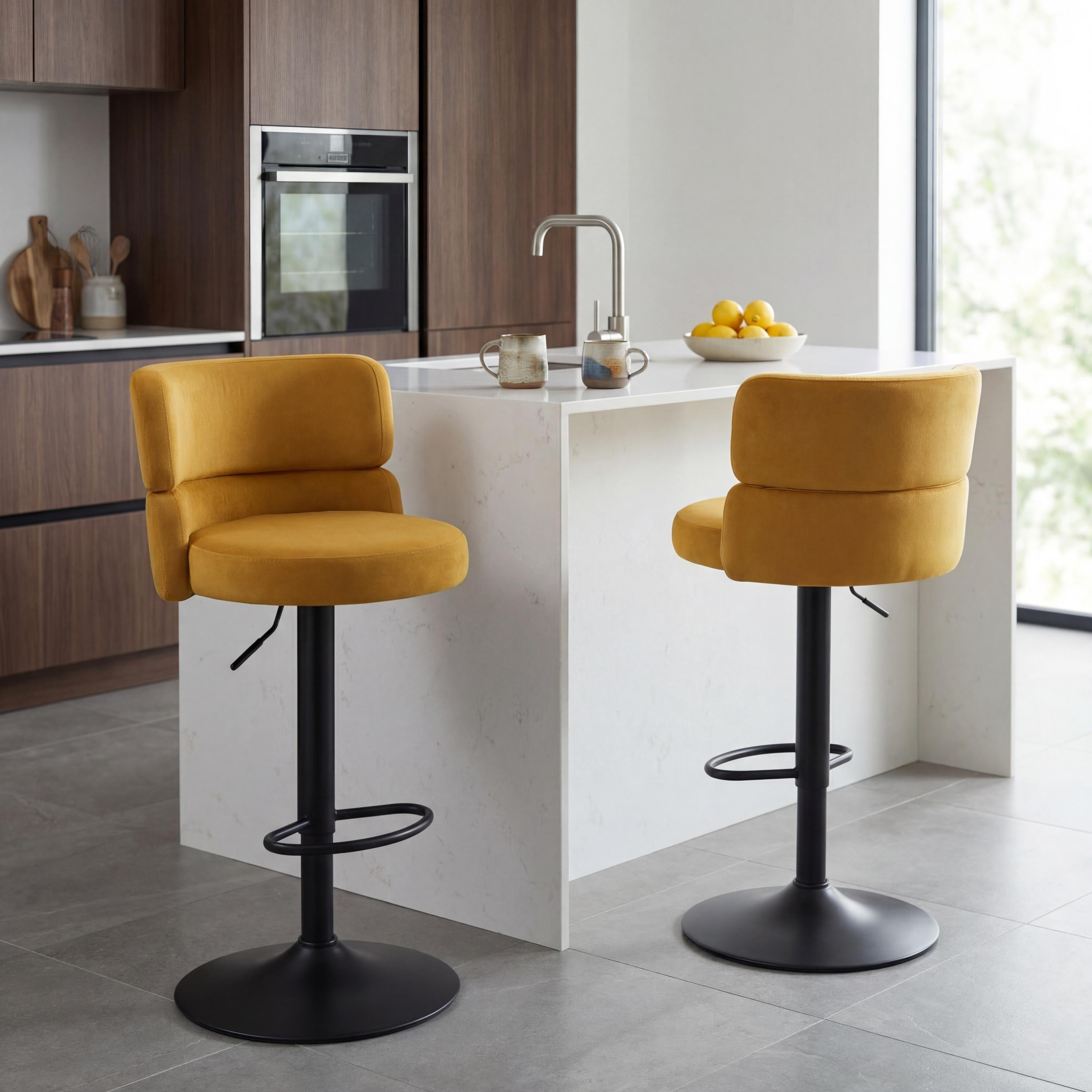 Shankar  Set Of 2 Mason Brushed Velvet Black Base Bar Stool - Mustard - 50x109x48