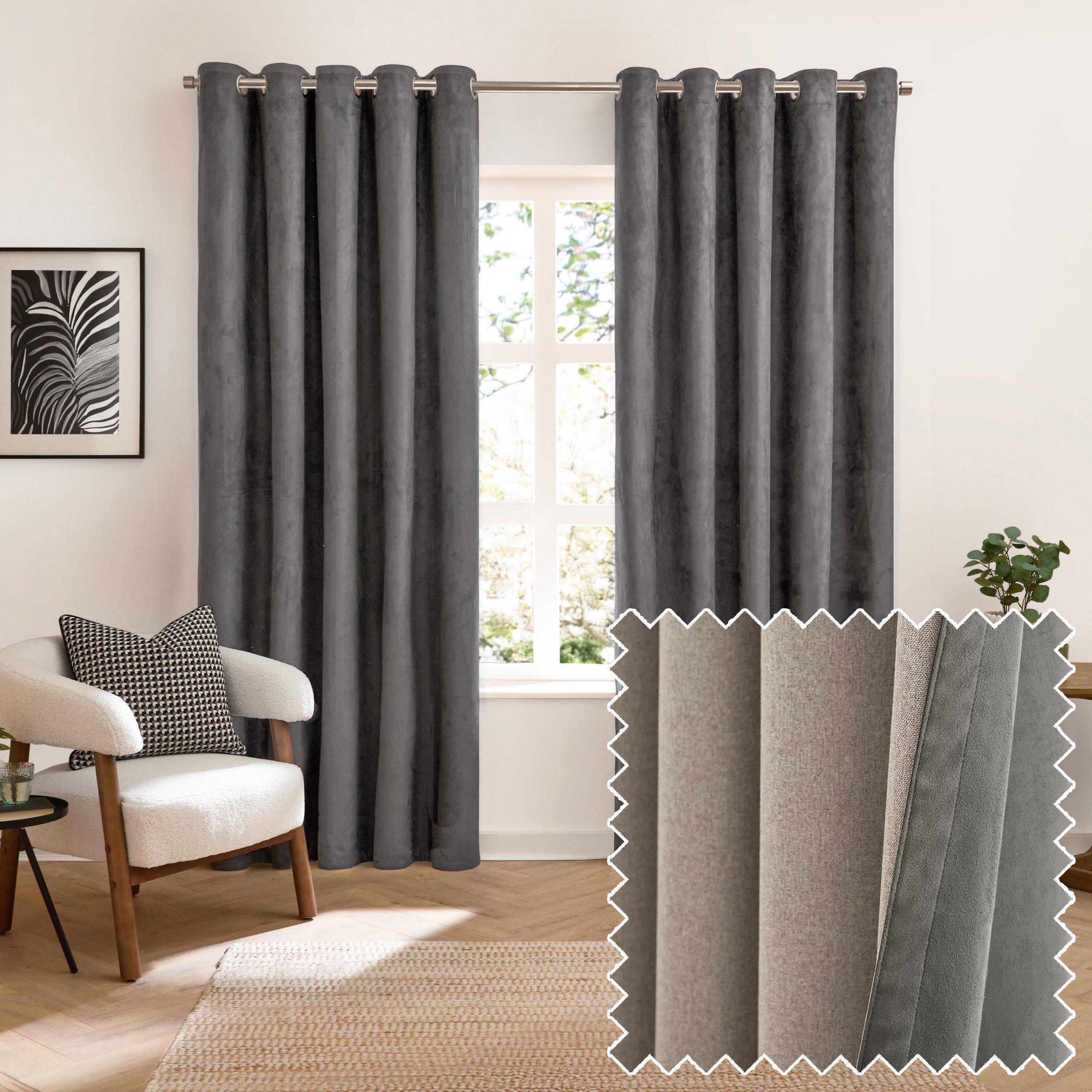 Charcoal - Furn - Verso Reversible Suede-look Blackout Eyelet Curtai - 1