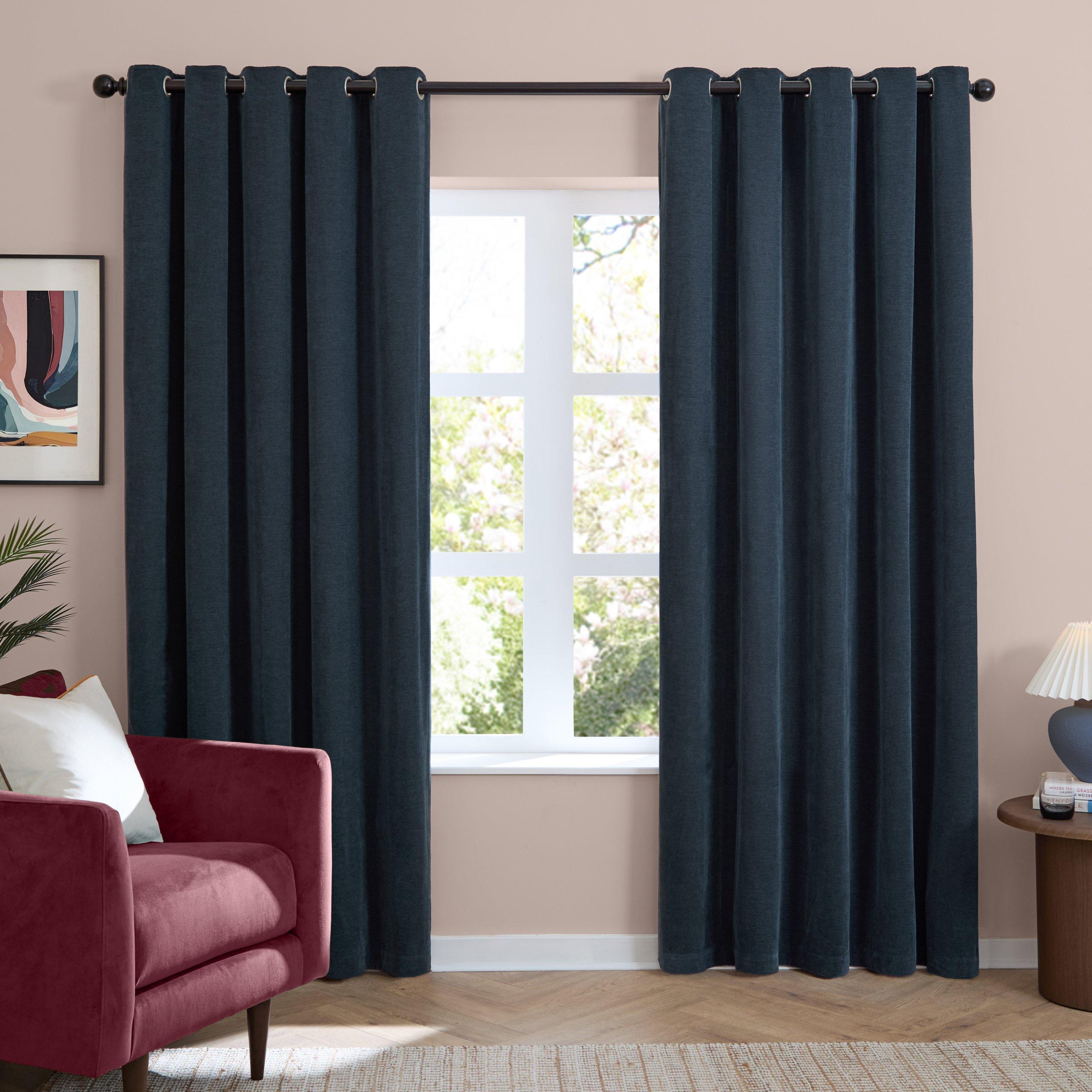 Navy - Furn - Soft Chenille Blackout Eyelet Curtains - 1