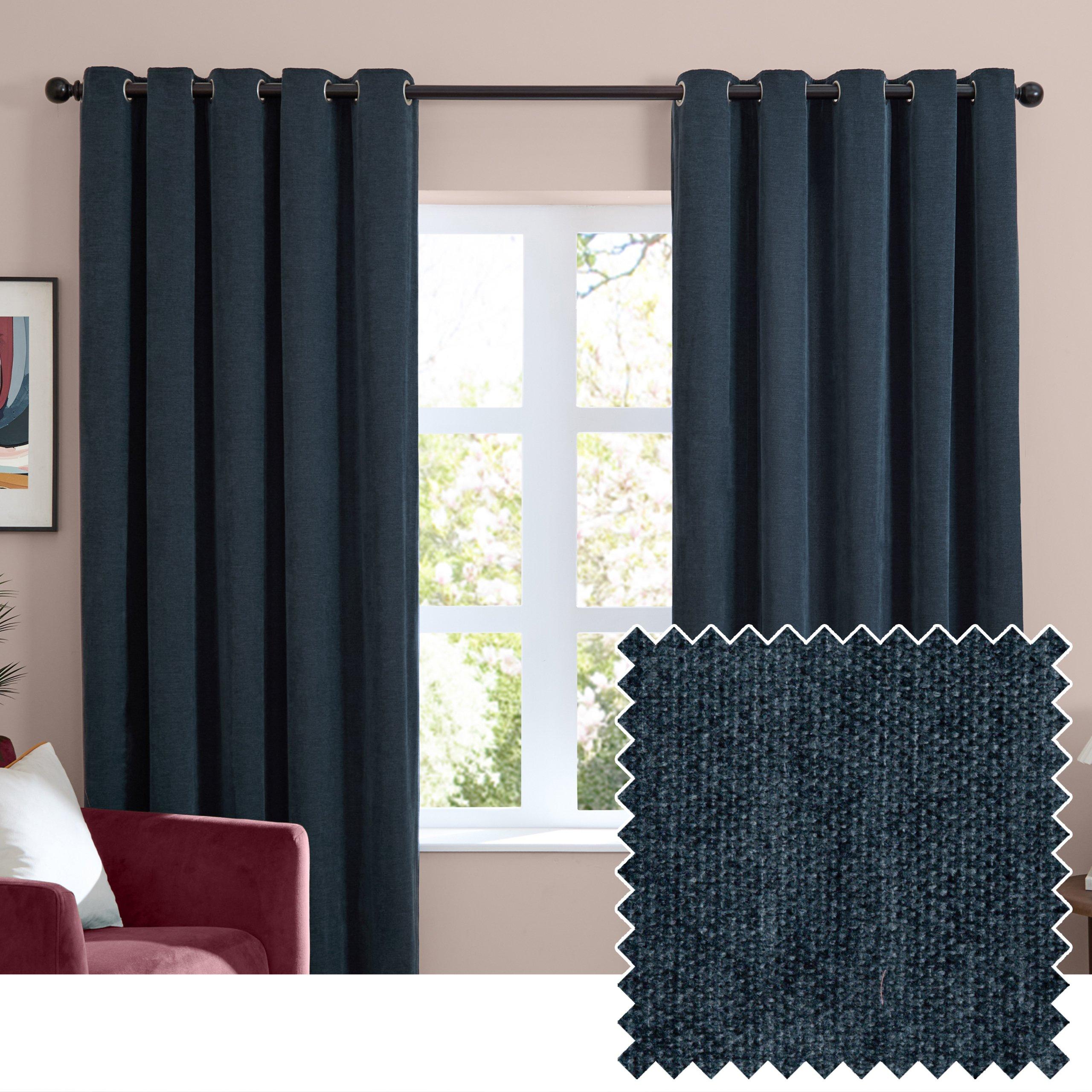 Navy - Furn - Soft Chenille Blackout Eyelet Curtains - 2