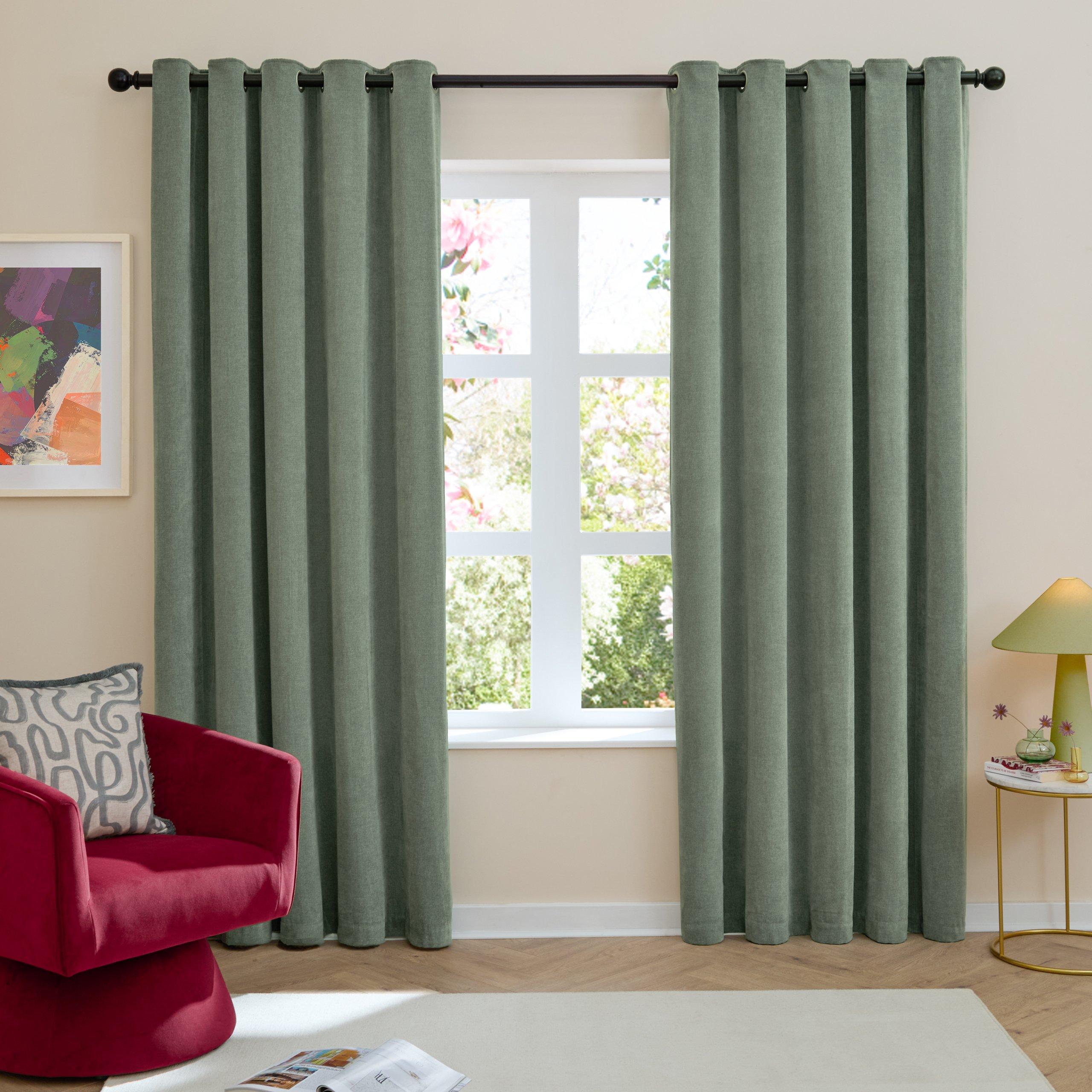 Green - Furn - Soft Chenille Blackout Eyelet Curtains - 1