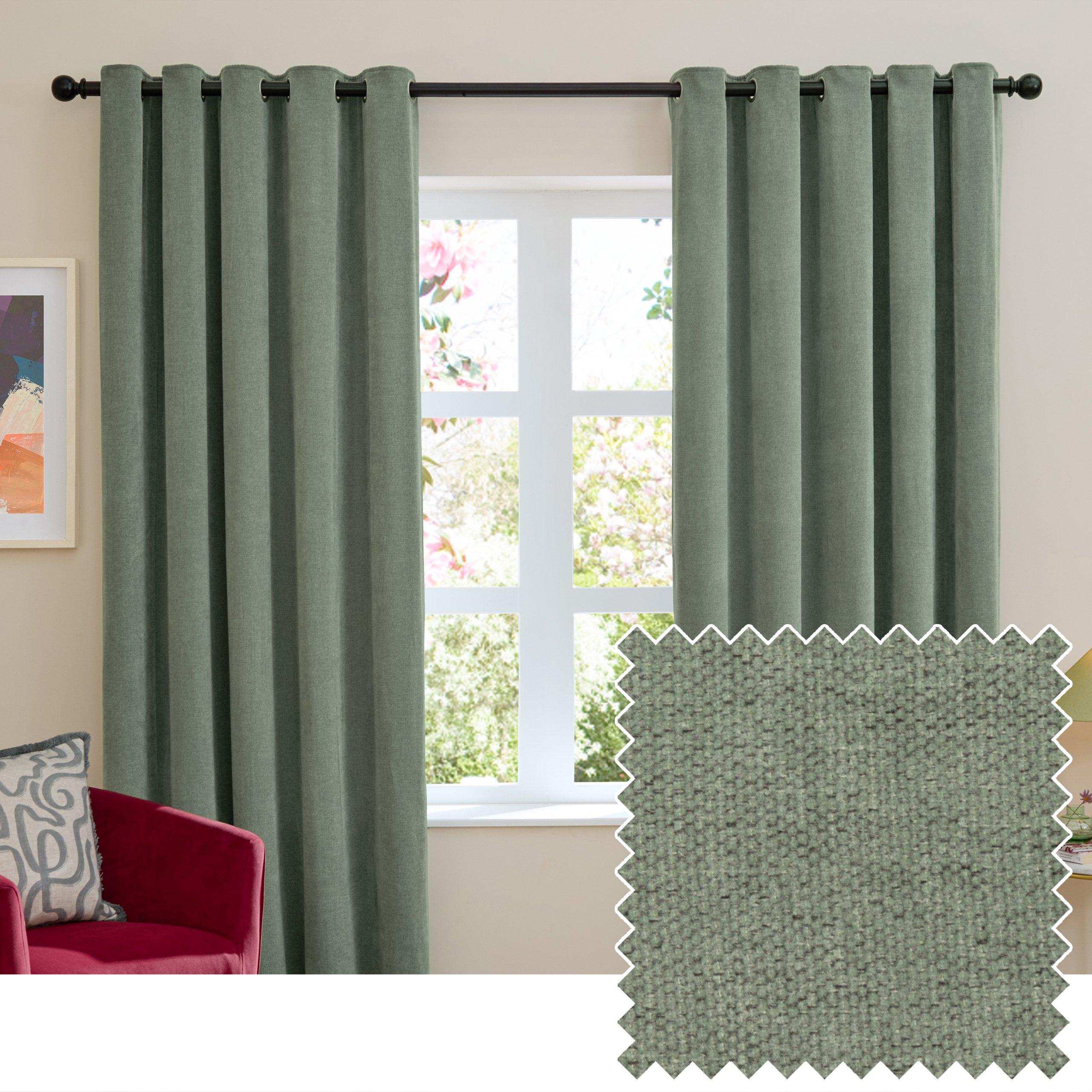 Green - Furn - Soft Chenille Blackout Eyelet Curtains - 2