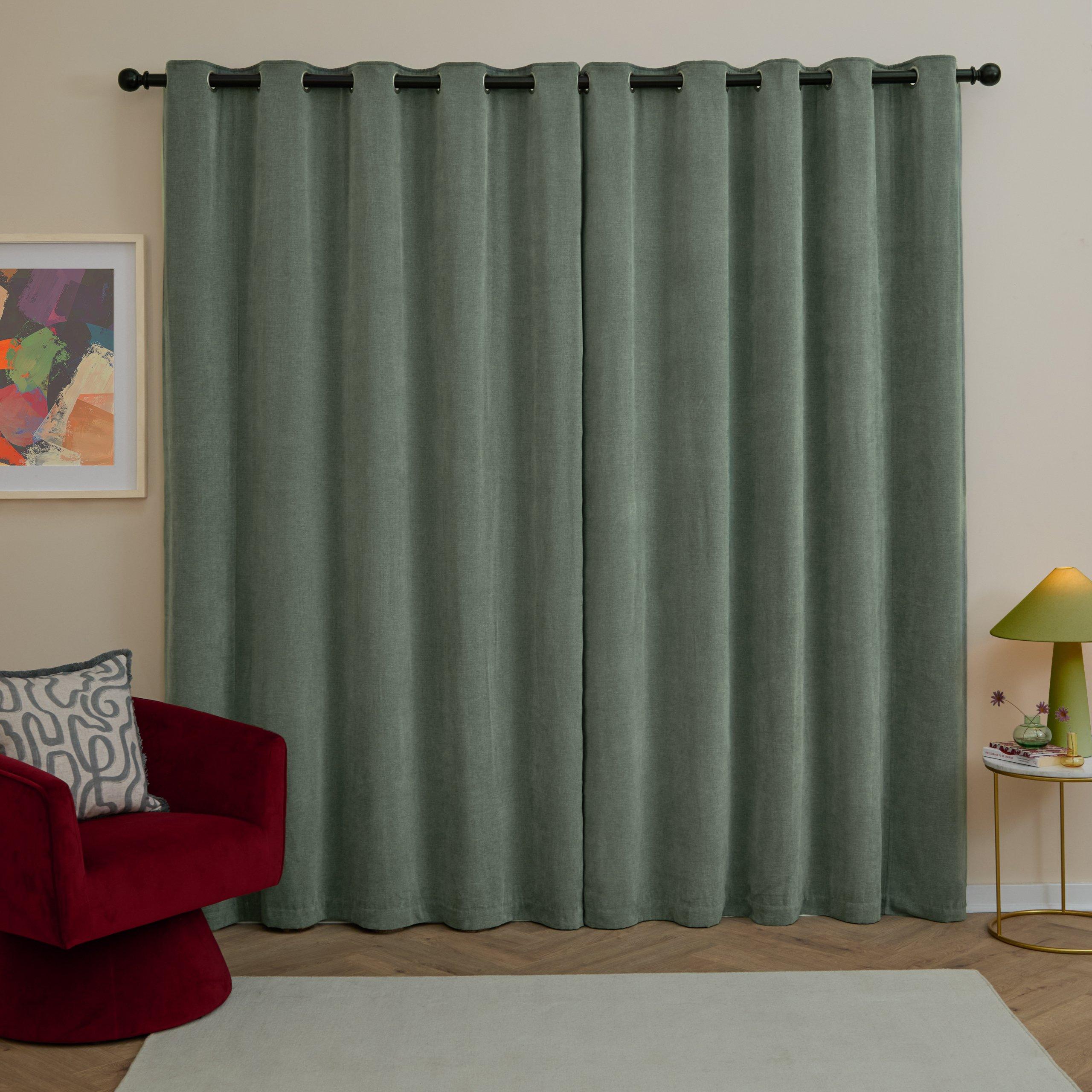 Green - Furn - Soft Chenille Blackout Eyelet Curtains - 4