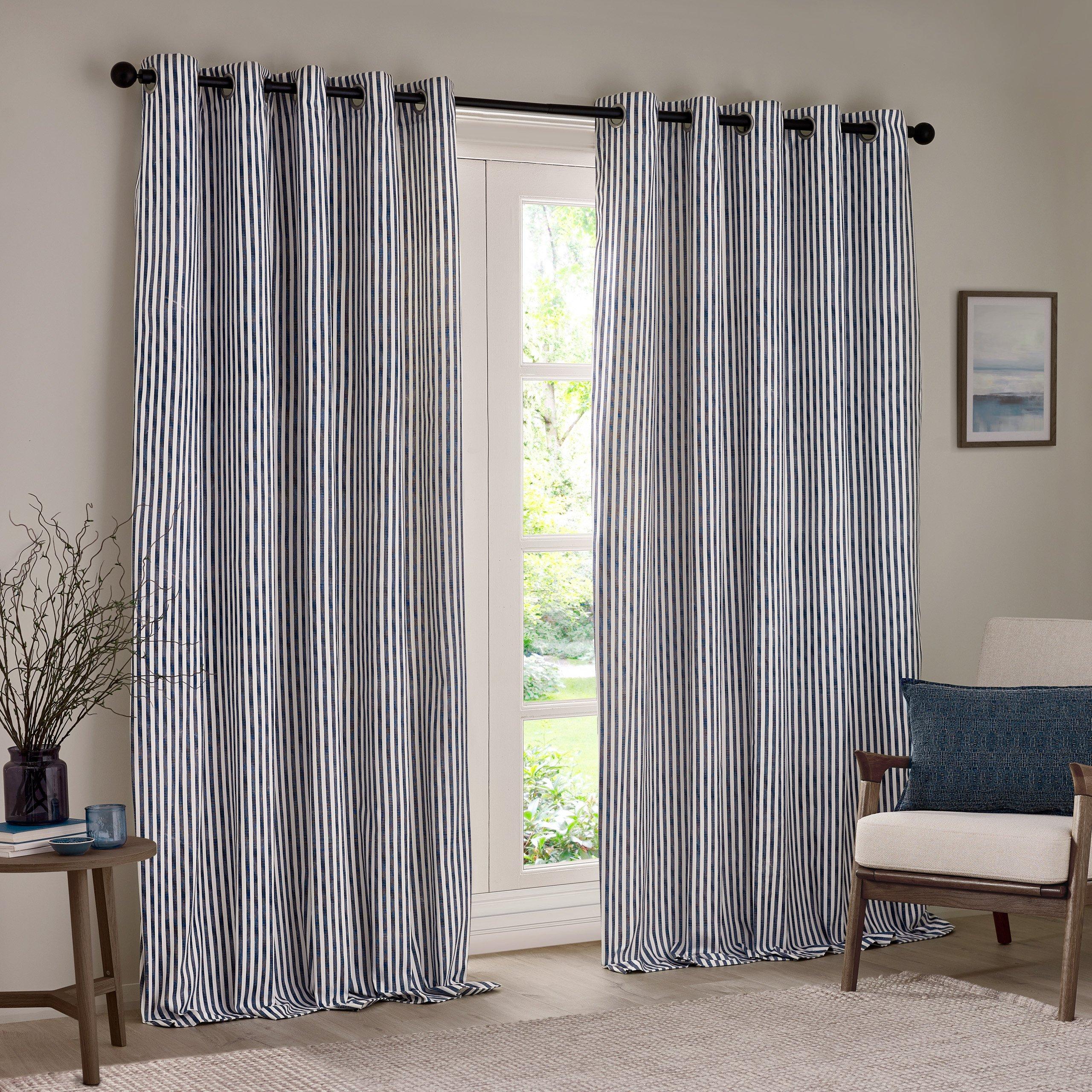Navy - Yard - Hebden Striped 100% Cotton Lined Eyelet Curtains - 3