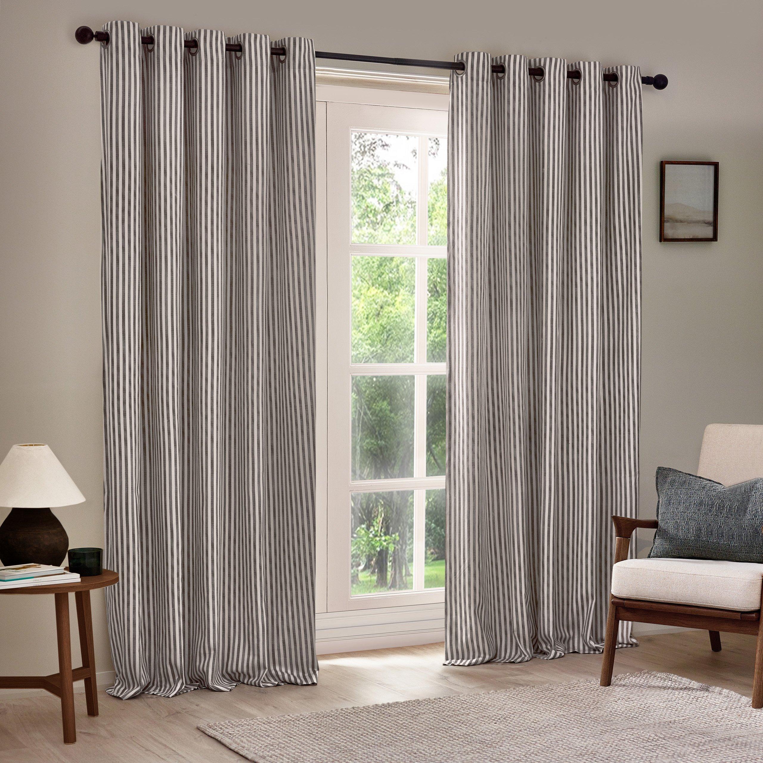 Grey - Yard - Hebden Striped 100% Cotton Lined Eyelet Curtains - 3