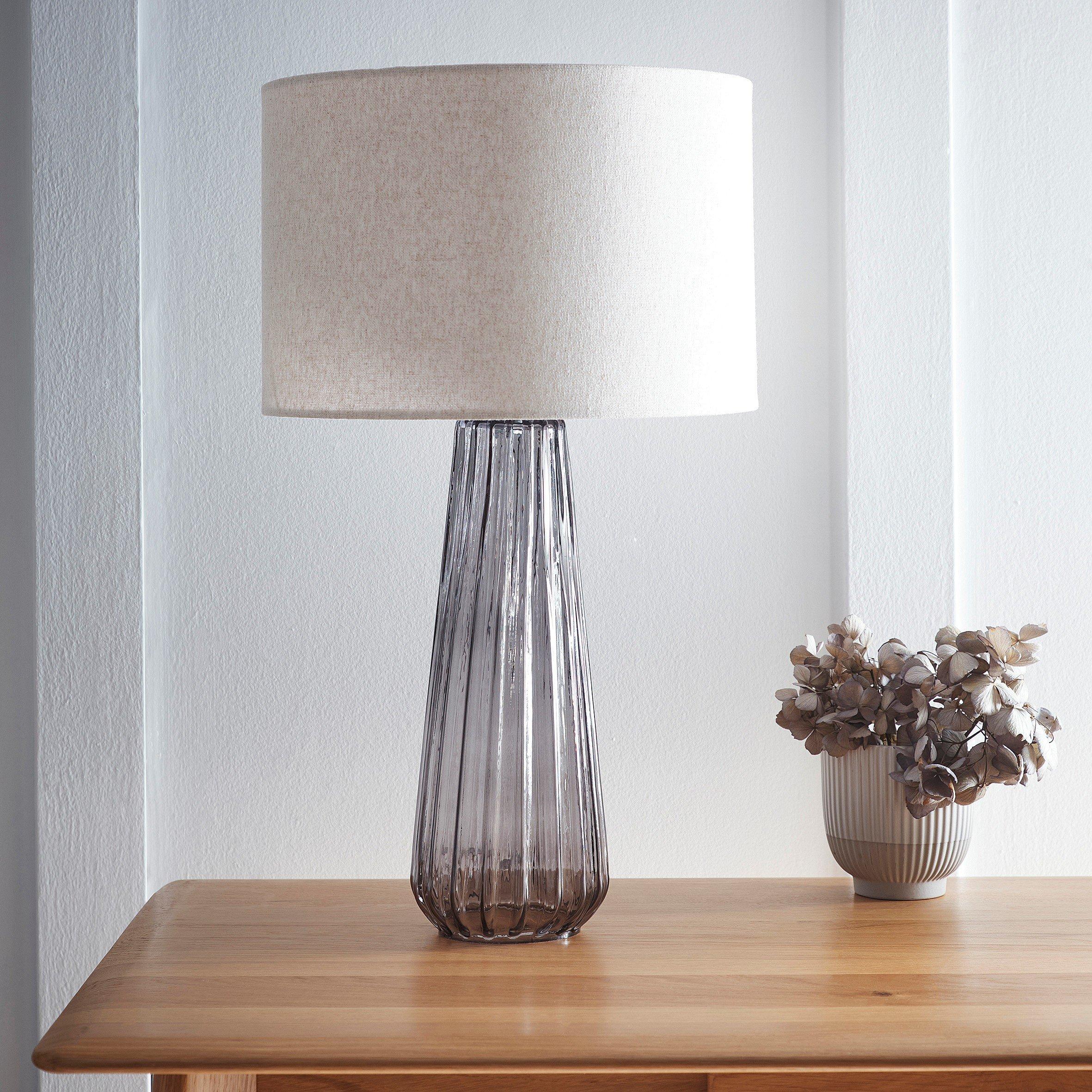 K Living  Palma Glass Table Lamp With Linen Shade Smoke