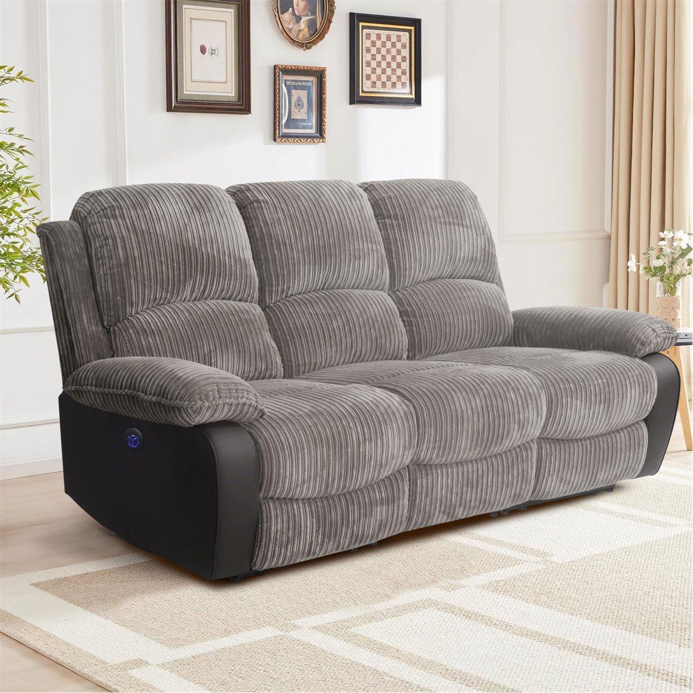 Dark Grey - Comfy Living - Electric Reclining Jumbo Chord Sofa Set - 1