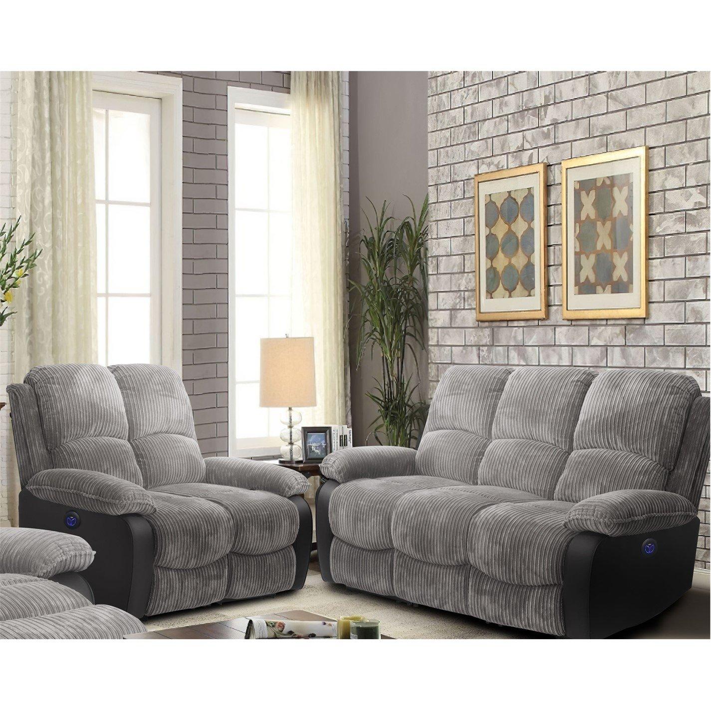 Dark Grey - Comfy Living - Electric Reclining Jumbo Chord Sofa Set - 4