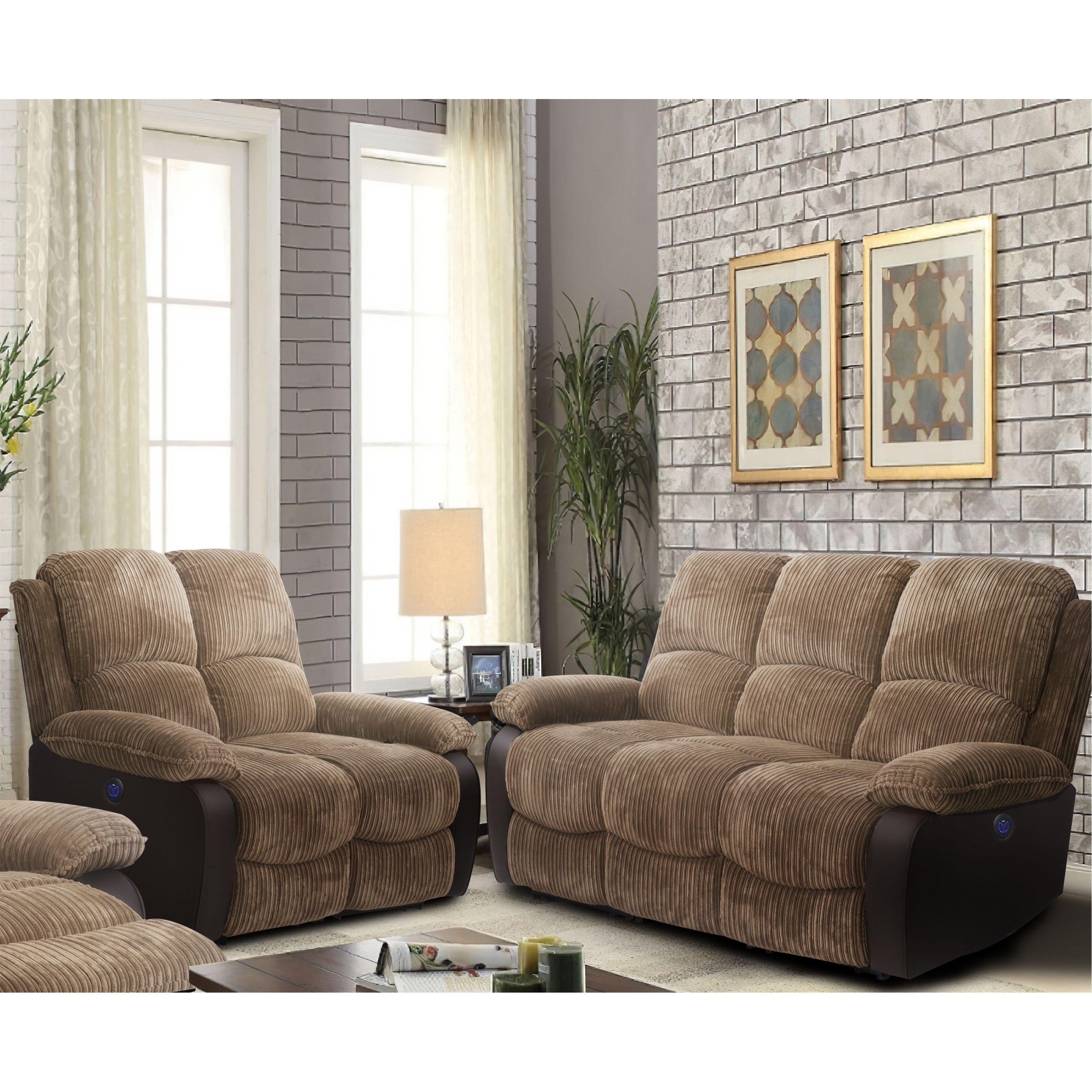 Brown - Comfy Living - Electric Reclining Jumbo Chord Sofa Set - 5