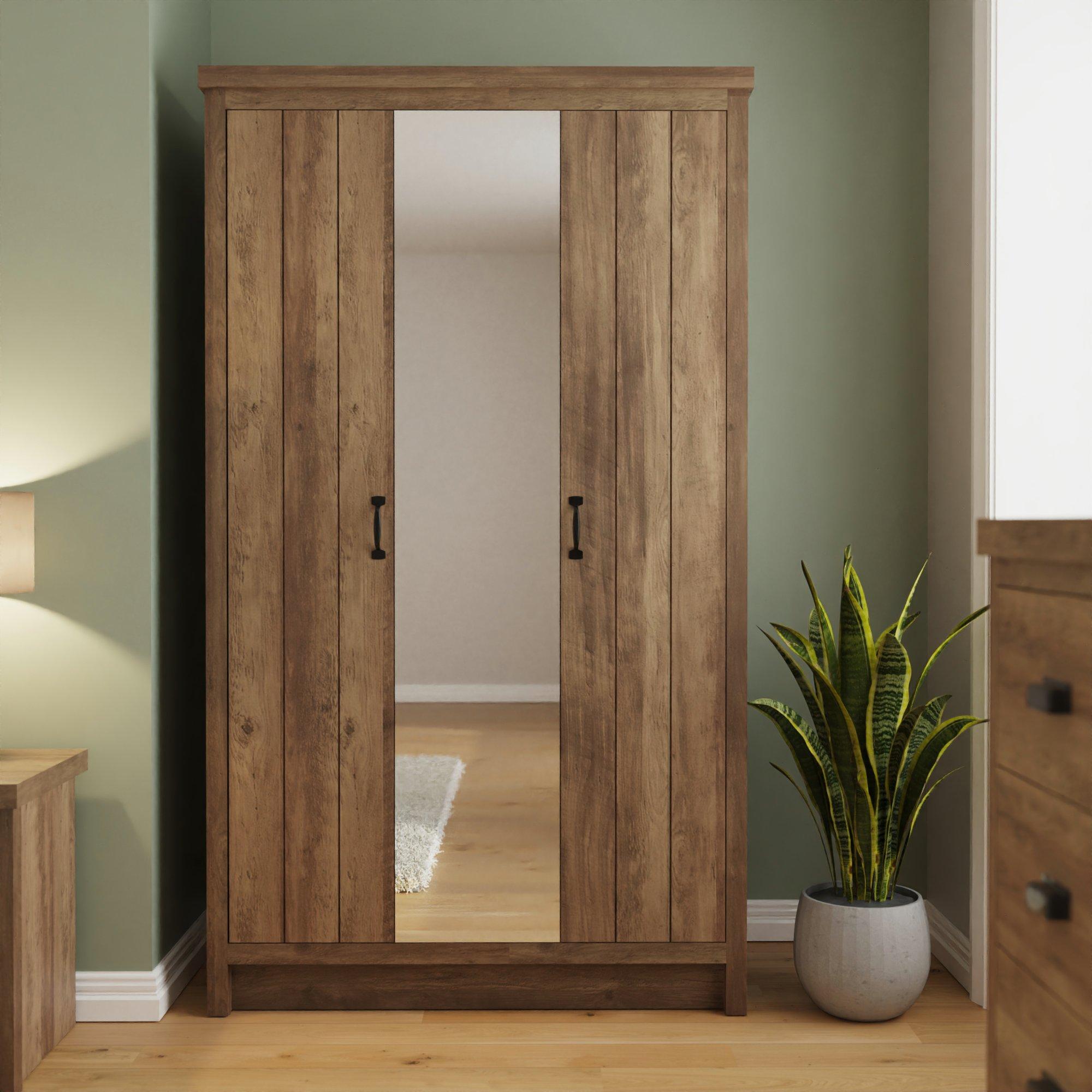 GFW Boston 3 Door Mirrored Wardrobe with Hanging Rail & Shelves, Wood Effect Bedroom Storage Cabinet with Full Length Mirror - Image 6