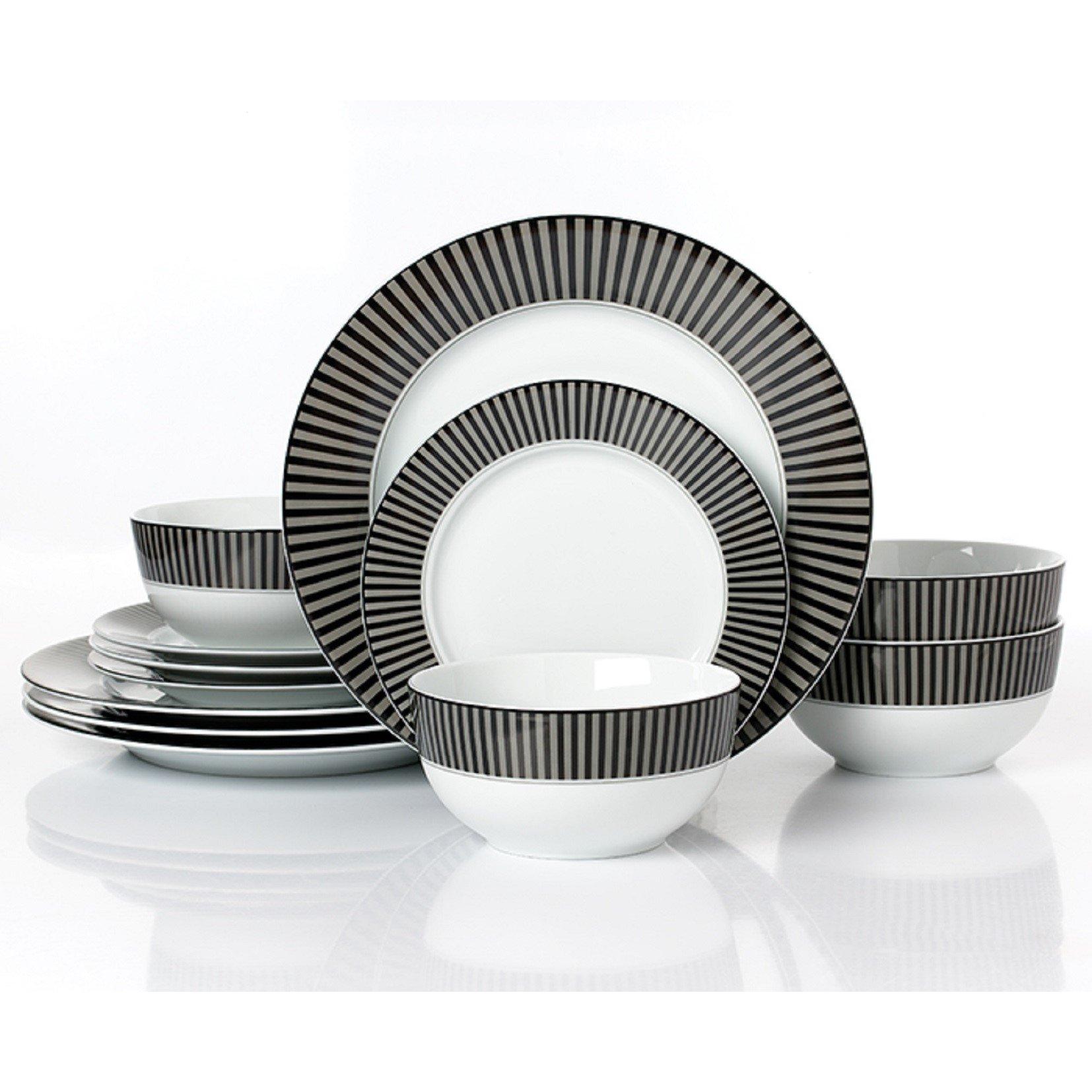 Black - Waterside - 12pc Belmont Black Stripe Dinner Set - 1