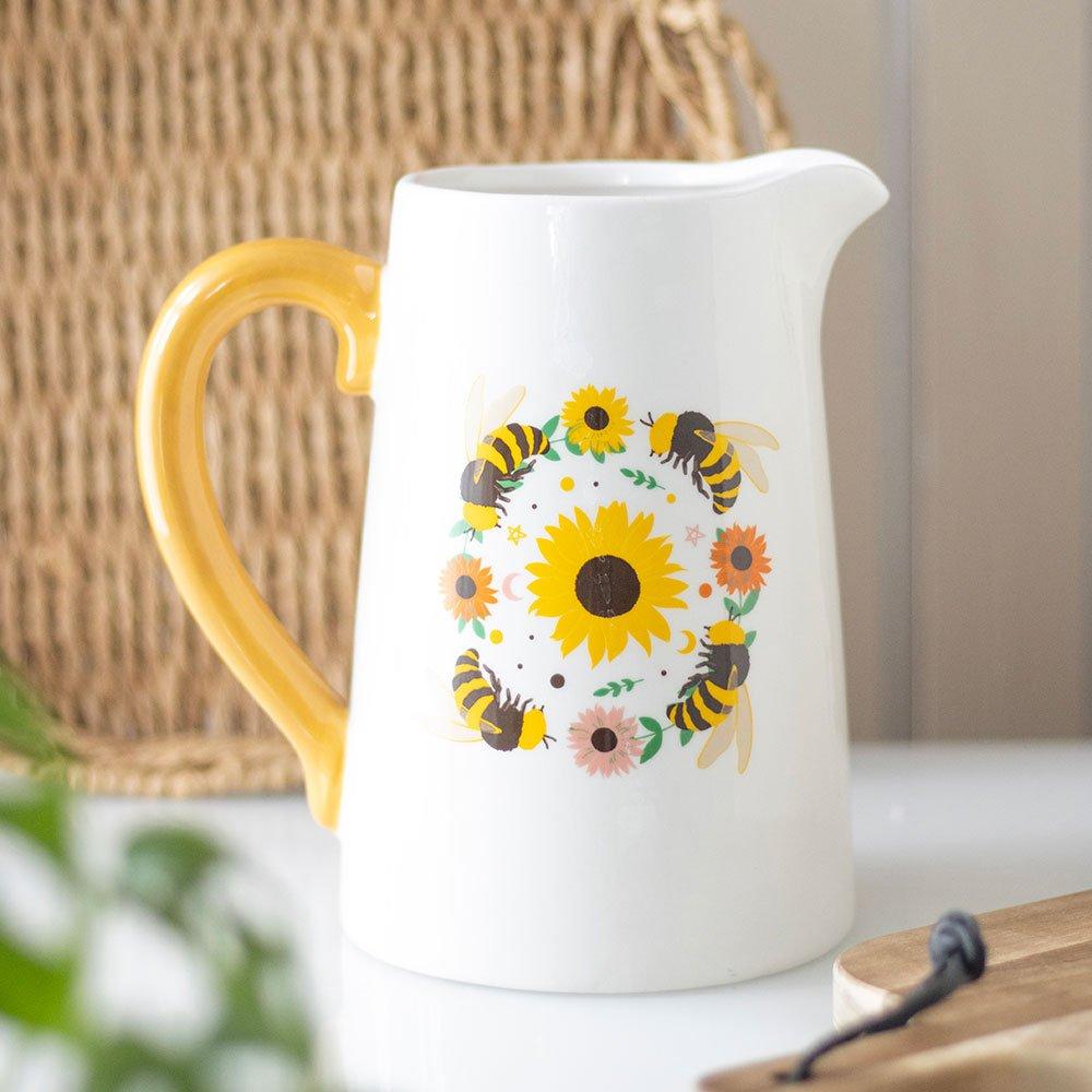 Something Different  Summer Bee And Sunflower Ceramic Flower Jug - White