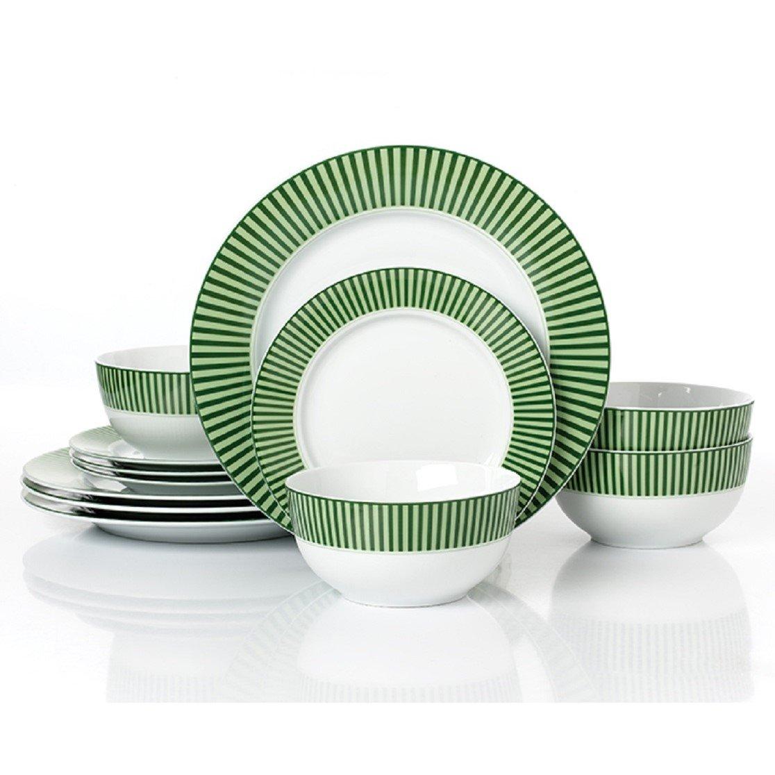 Green - Waterside - 12pc Belmont Green Stripe Dinner Set - 1
