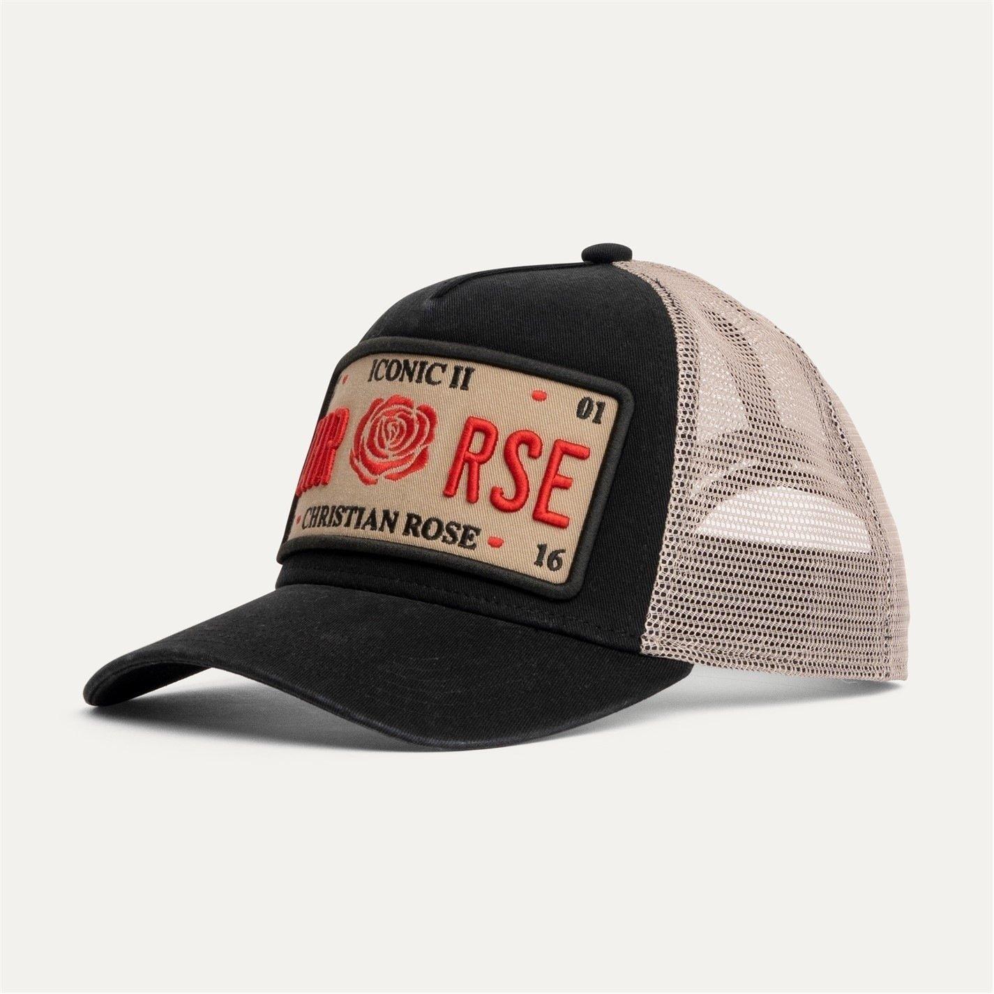 Christian Rose Washed Iconic II Plate Trucker Cap - Black/Cream/Red