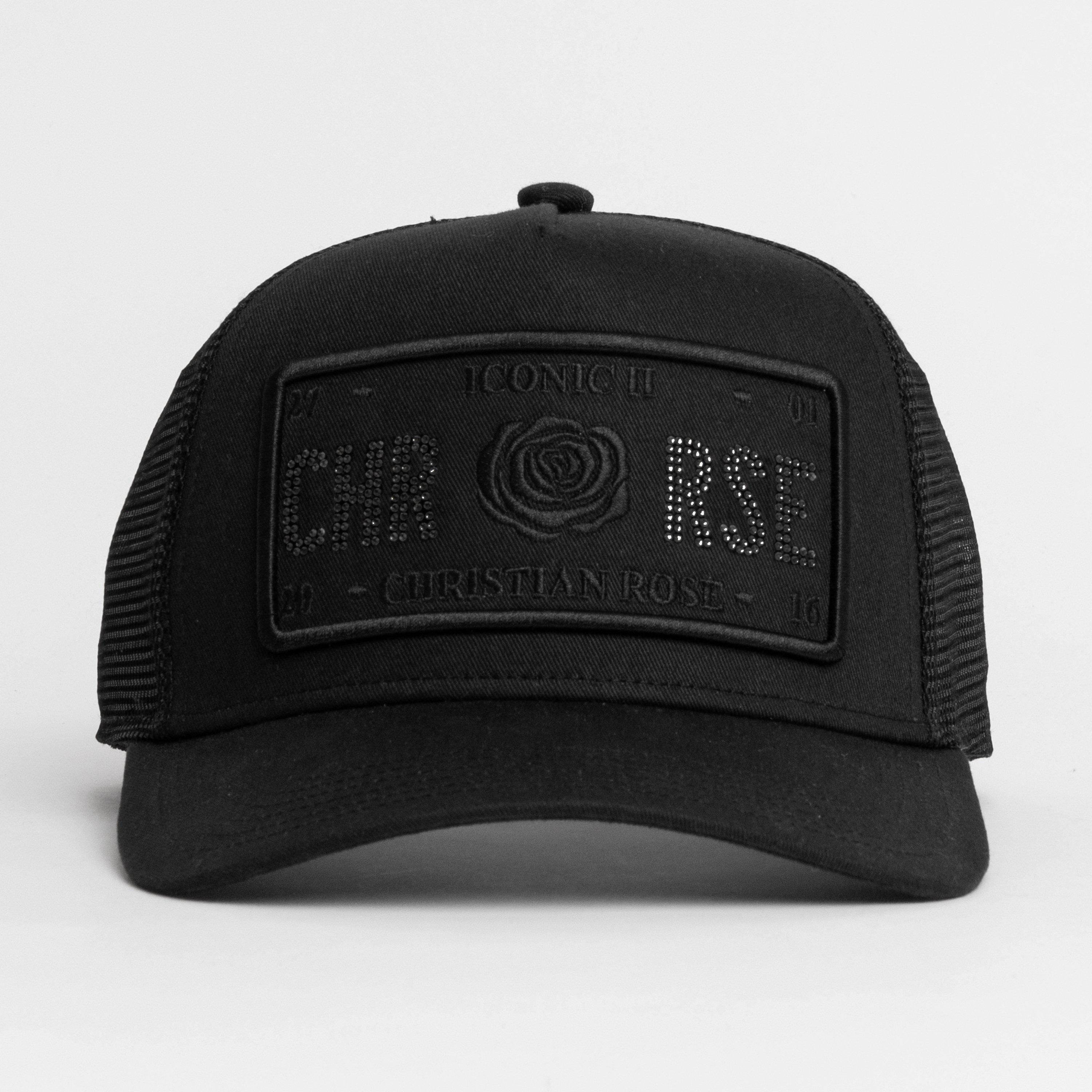 Black / Black - Christian Rose - Half Rhinestone Iconic II Plate Trucker Cap - 1