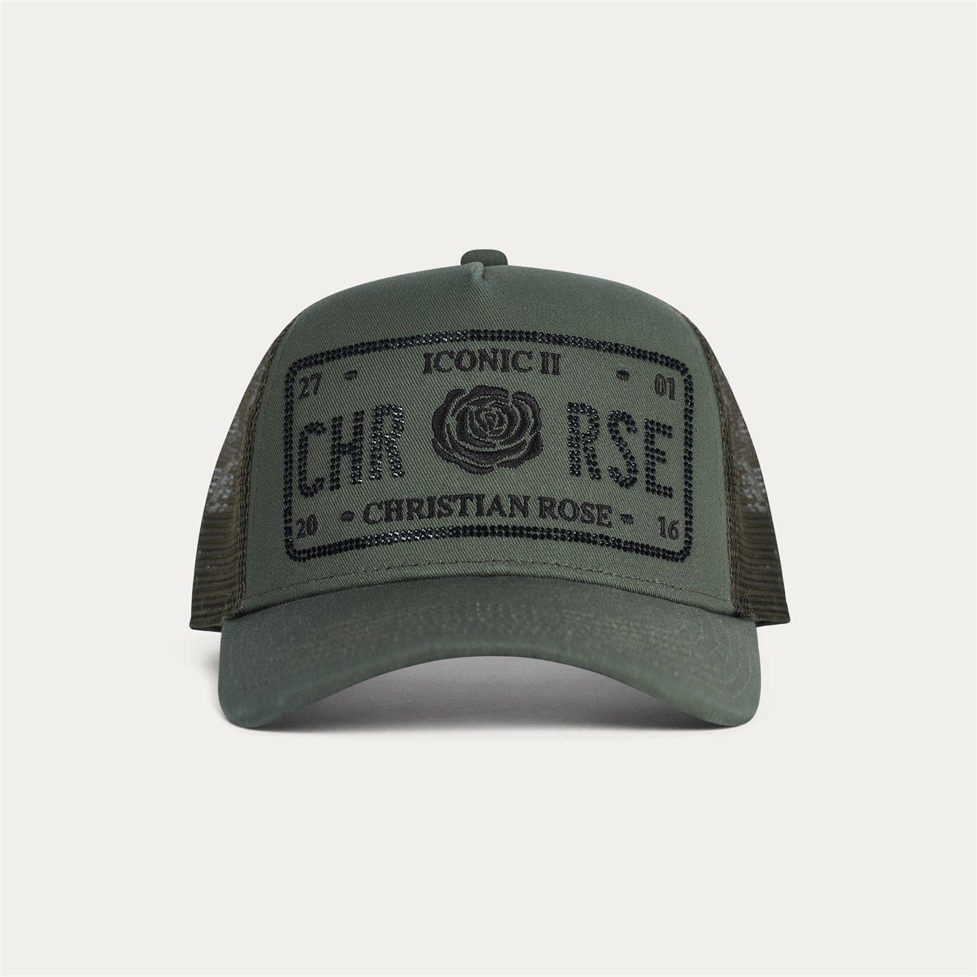 Olive / Black - Christian Rose - Half Rhinestone Iconic II Plate Snapback Trucker Cap - 2