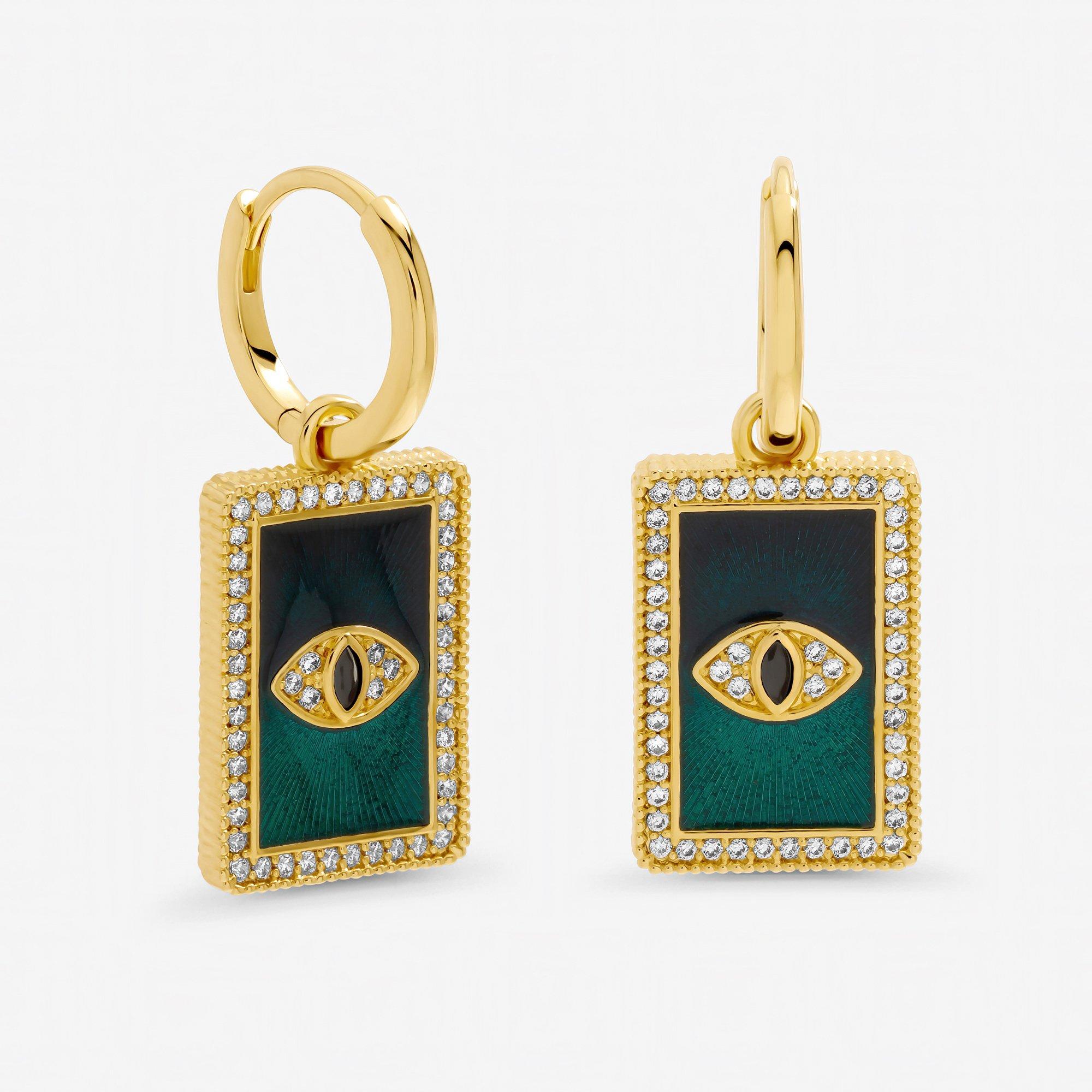 Gold - Inicio - Gold Plated Green Evil Eye Charm Huggie Earrings -