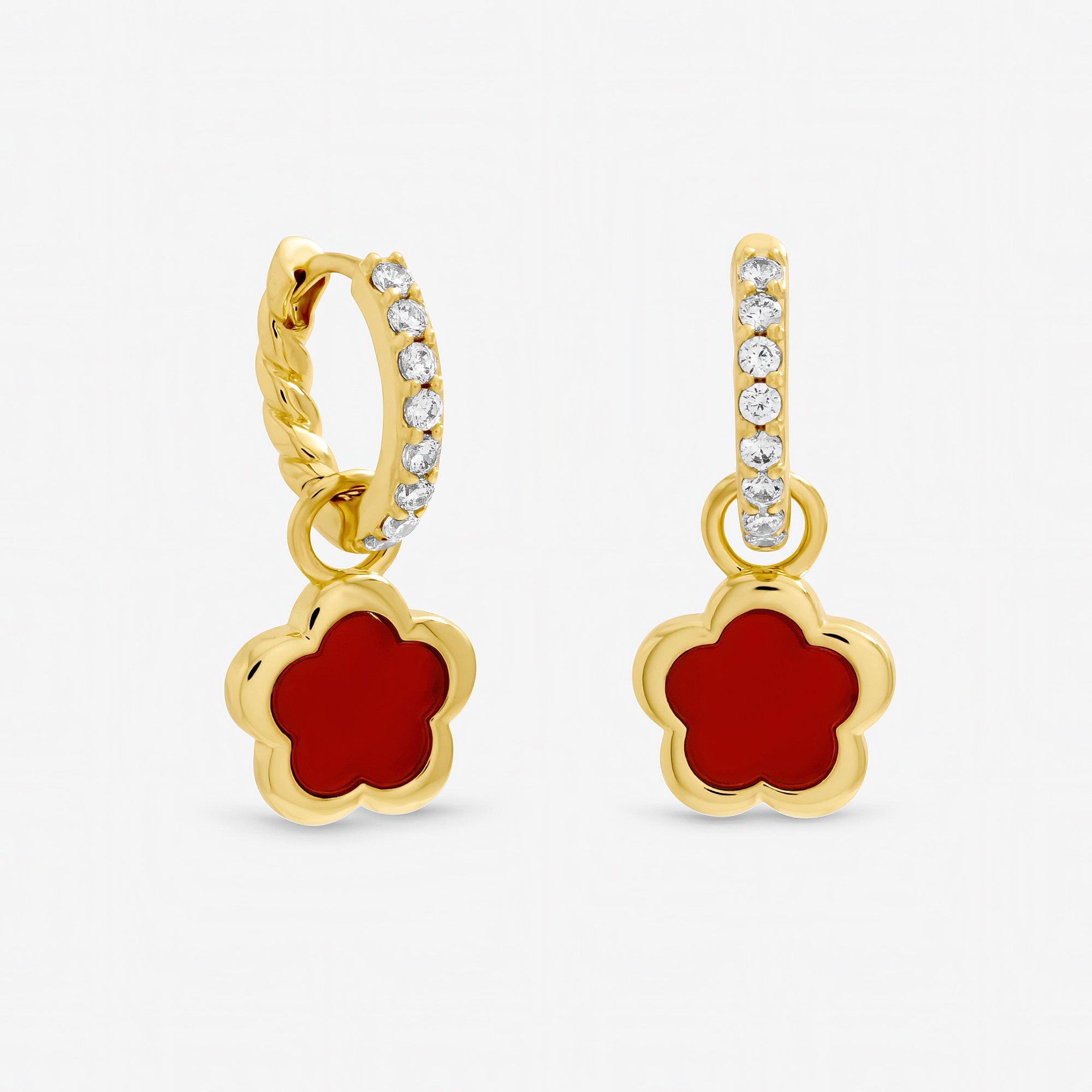 Gold - Inicio - Gold and Cherry Red Flower Earrings - Gift Pouch