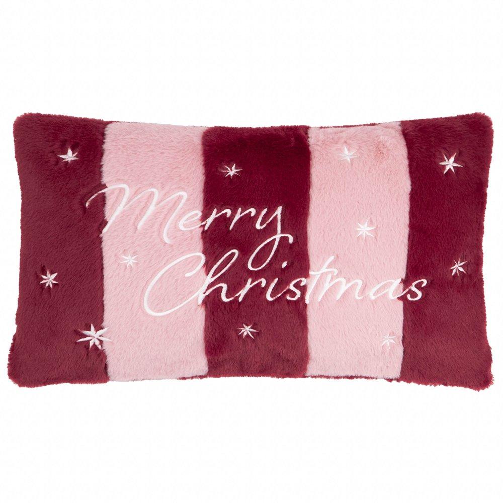 Burgundy/Pink - Furn - Merry Christmas Faux Fur Stripe Cushion - 1