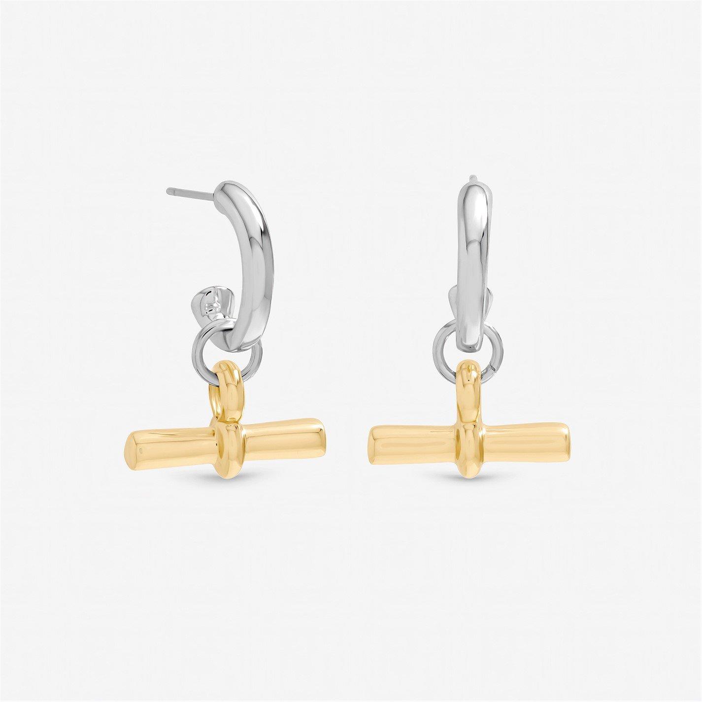 Inicio Women's Two Tone T-Bar Earrings - Gift Pouch - Silver