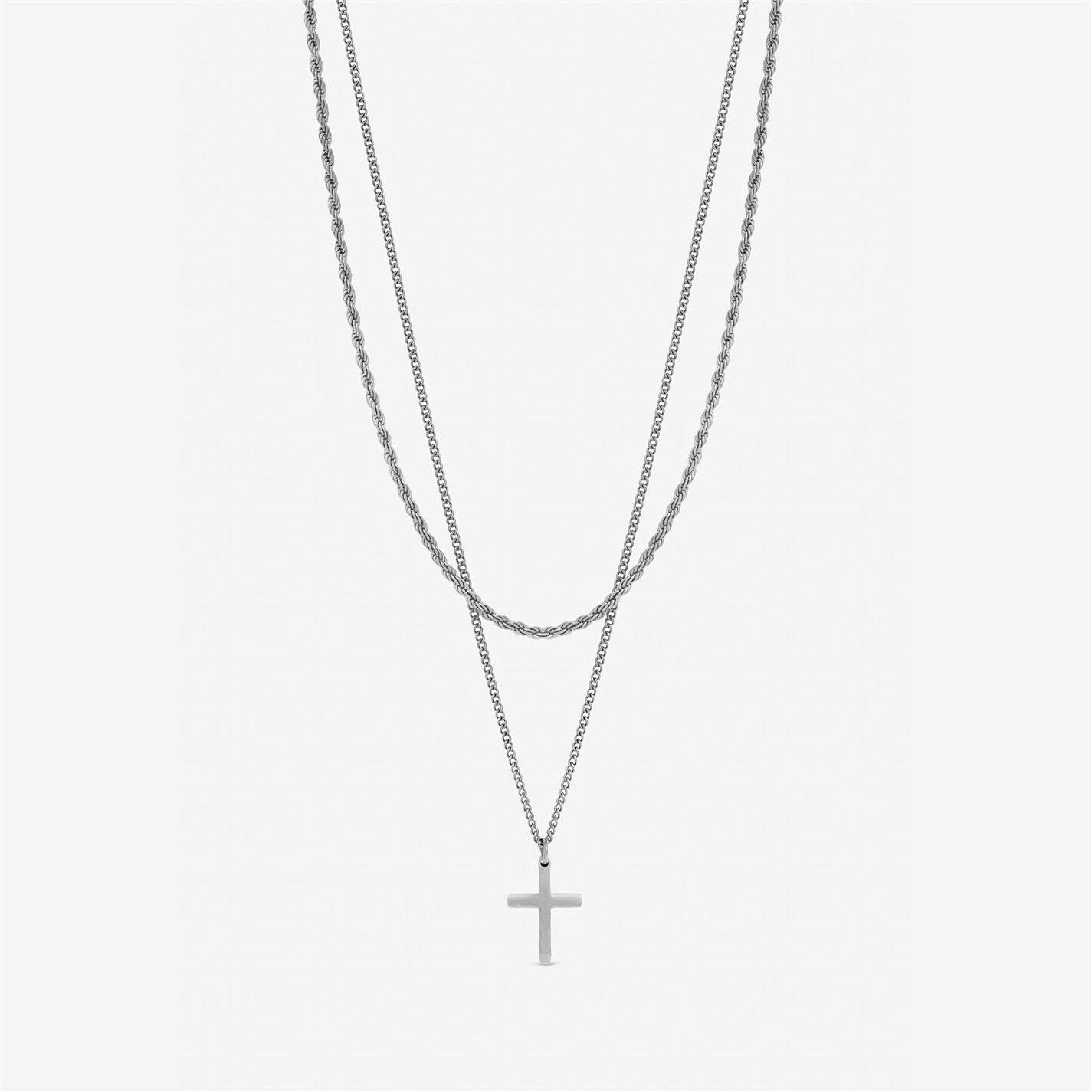 Silver - Inicio - Mens Waterproof 2 row Cross Necklace - Gift Pouch - 1