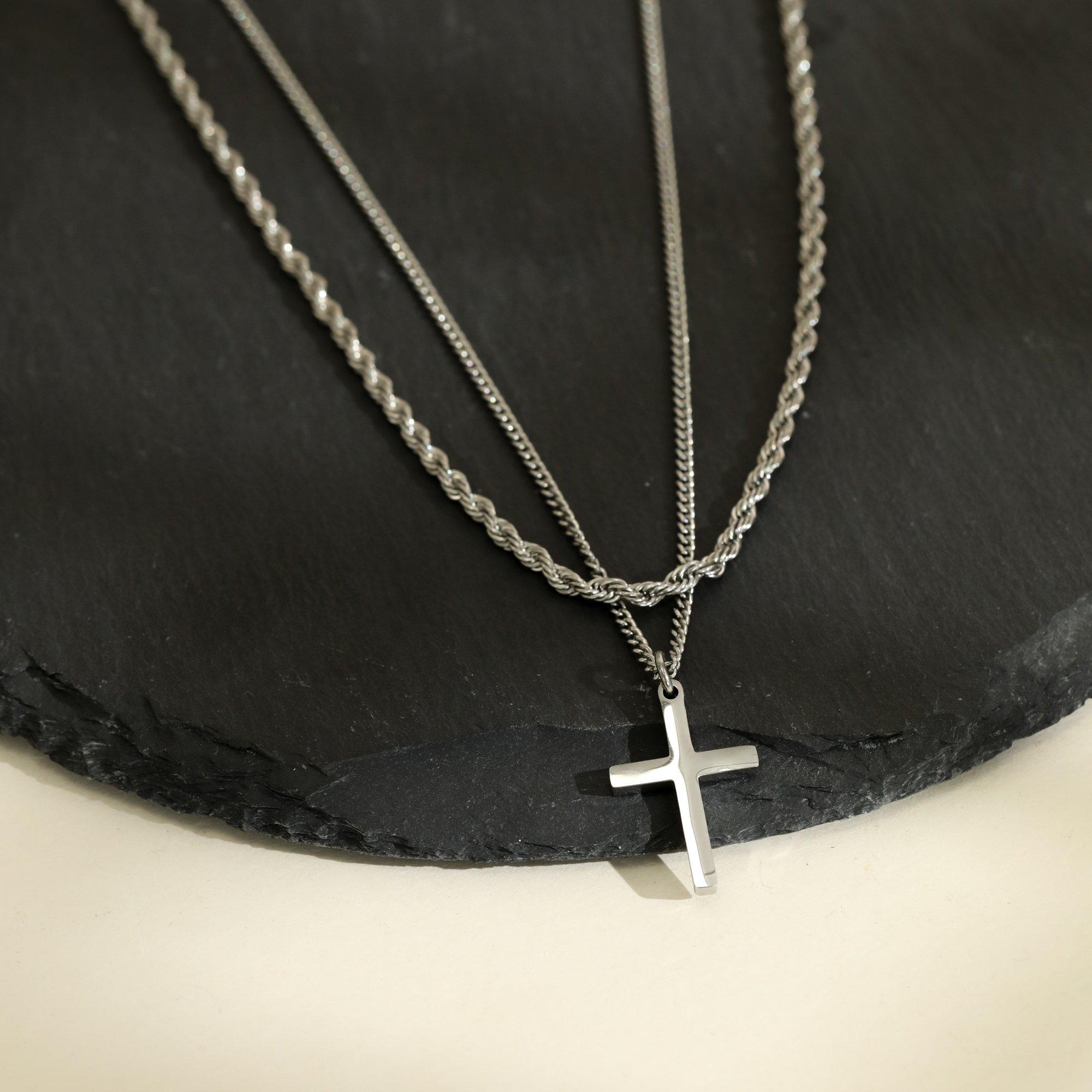 Silver - Inicio - Mens Waterproof 2 row Cross Necklace - Gift Pouch - 2