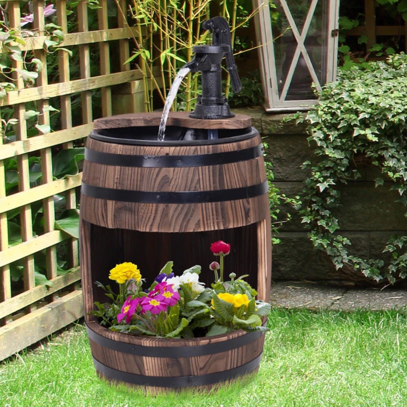 Brown - Outsunny - Fir Wood Barrel Fountain With Planter - 2