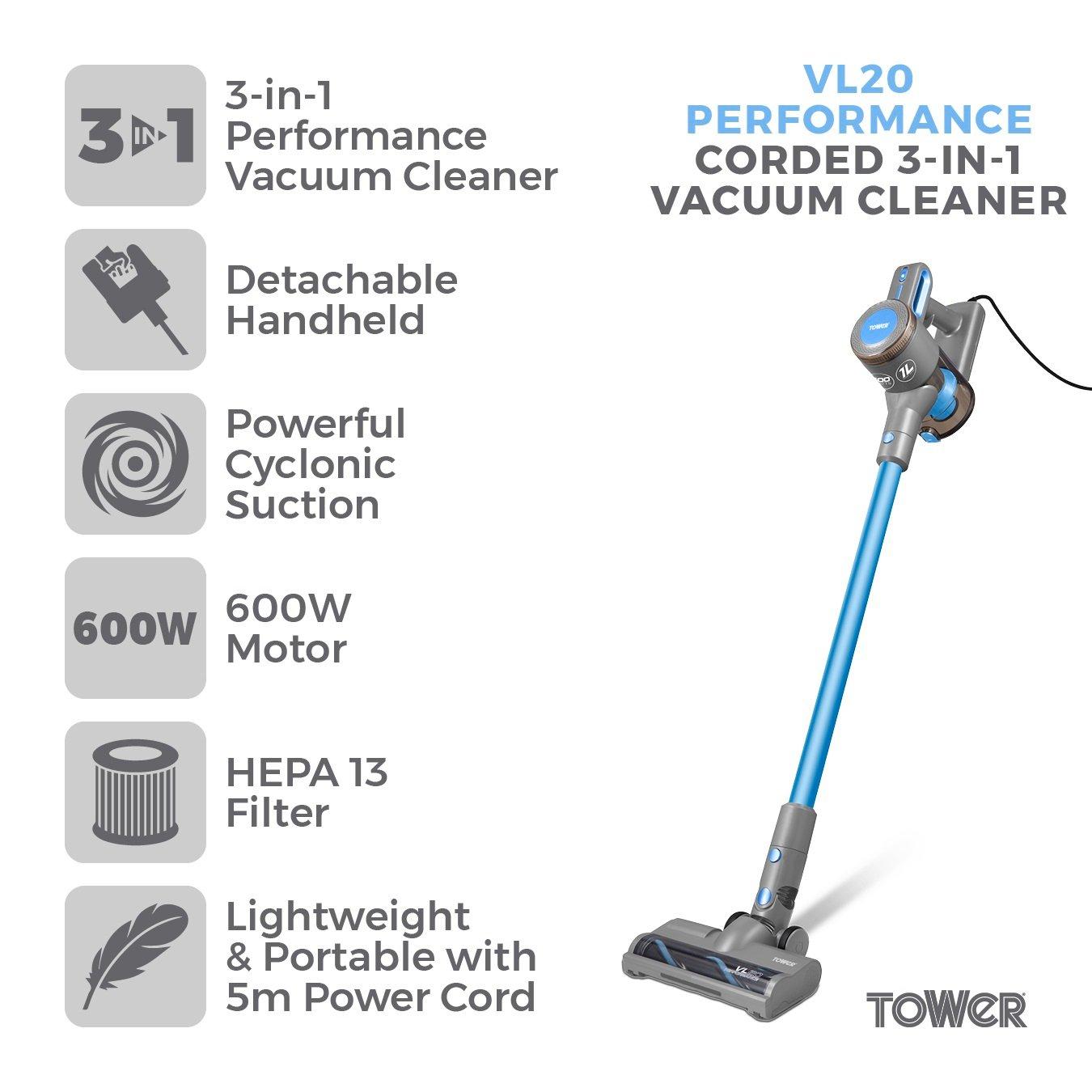 Blue - Tower - VL20 Performance 3 in 1 Corded Vacuum Cleaner - 2