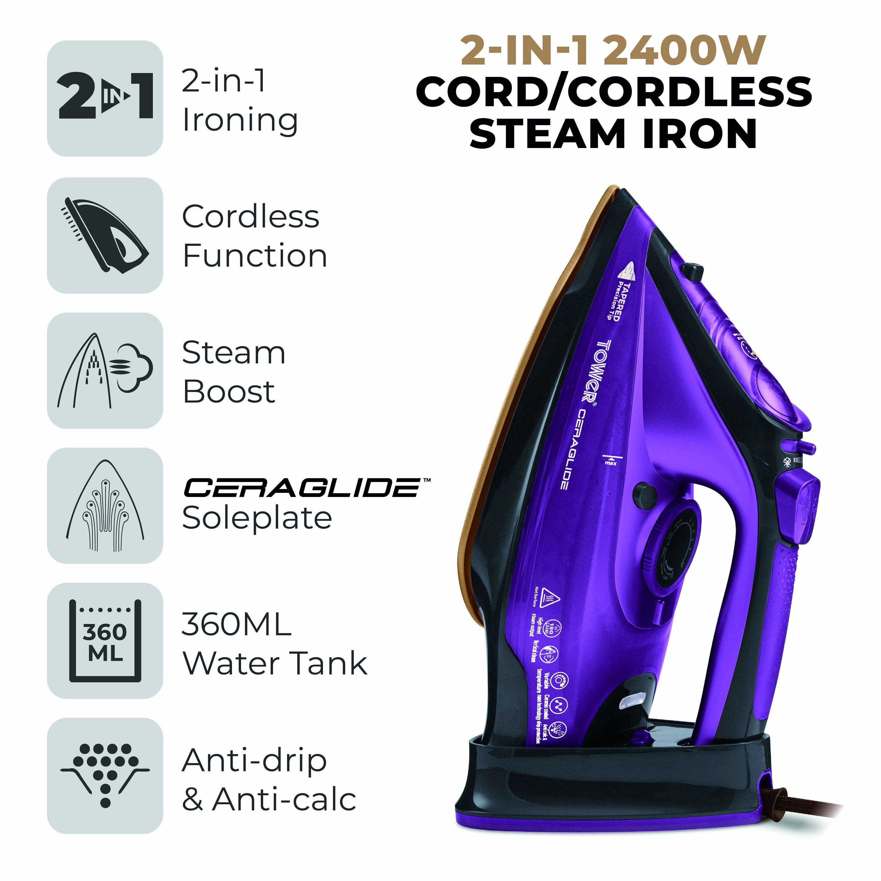 Purple - Tower - CeraGlide 2400W Cord Cordless Steam Iron - 3
