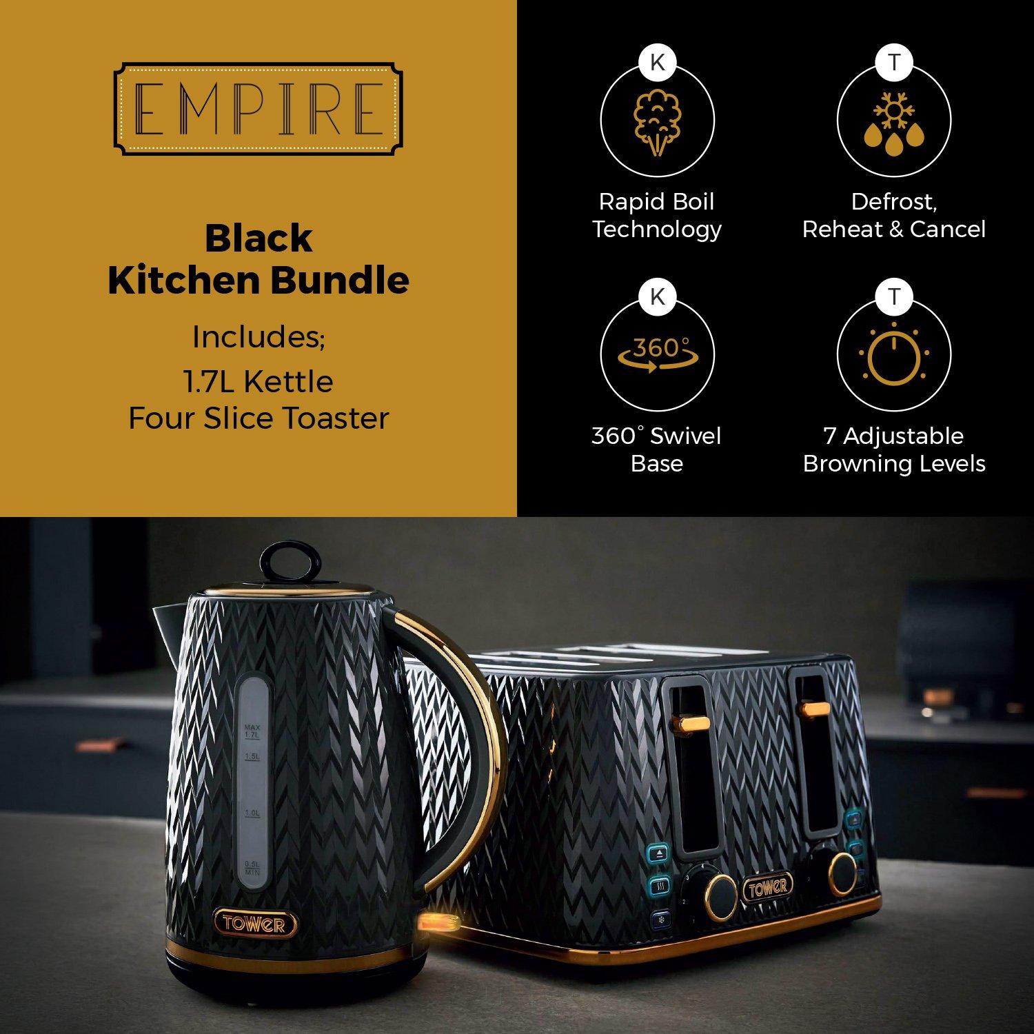 Black - Tower - Empire 3KW 1.7L Kettle and Empire 4 Slice Toaster - 2