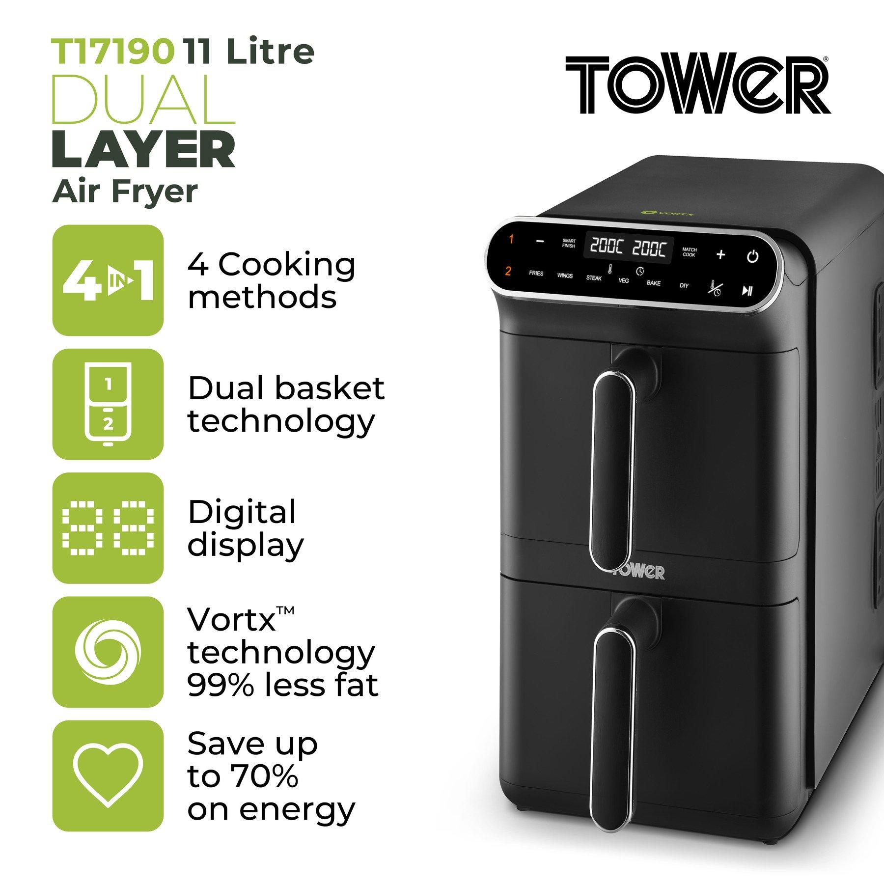 Black - Tower - Vortx 11L Dual Layer Air Fryer Black with Chrome T - 2