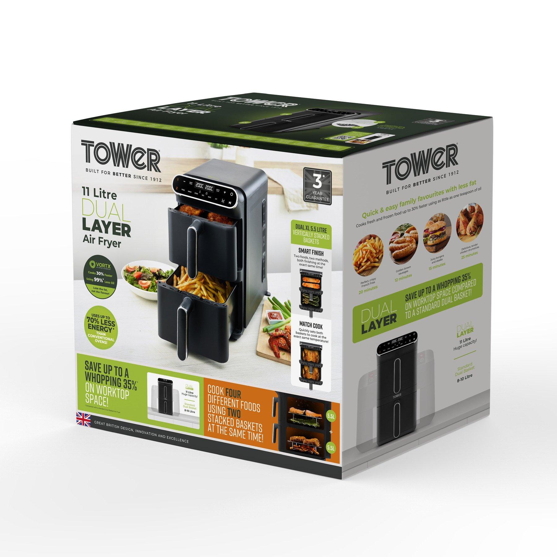 Black - Tower - Vortx 11L Dual Layer Air Fryer Black with Chrome T - 8